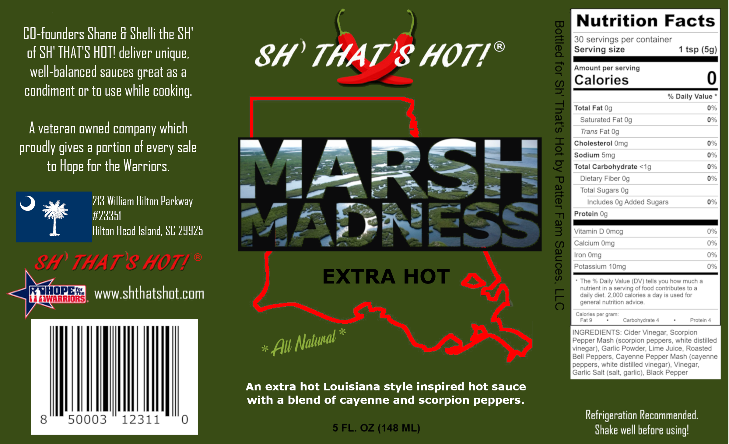 A bottle of Marsh Madness (Extra Hot) hot sauce featuring a bold label and vibrant colors, showcasing its spicy contents.