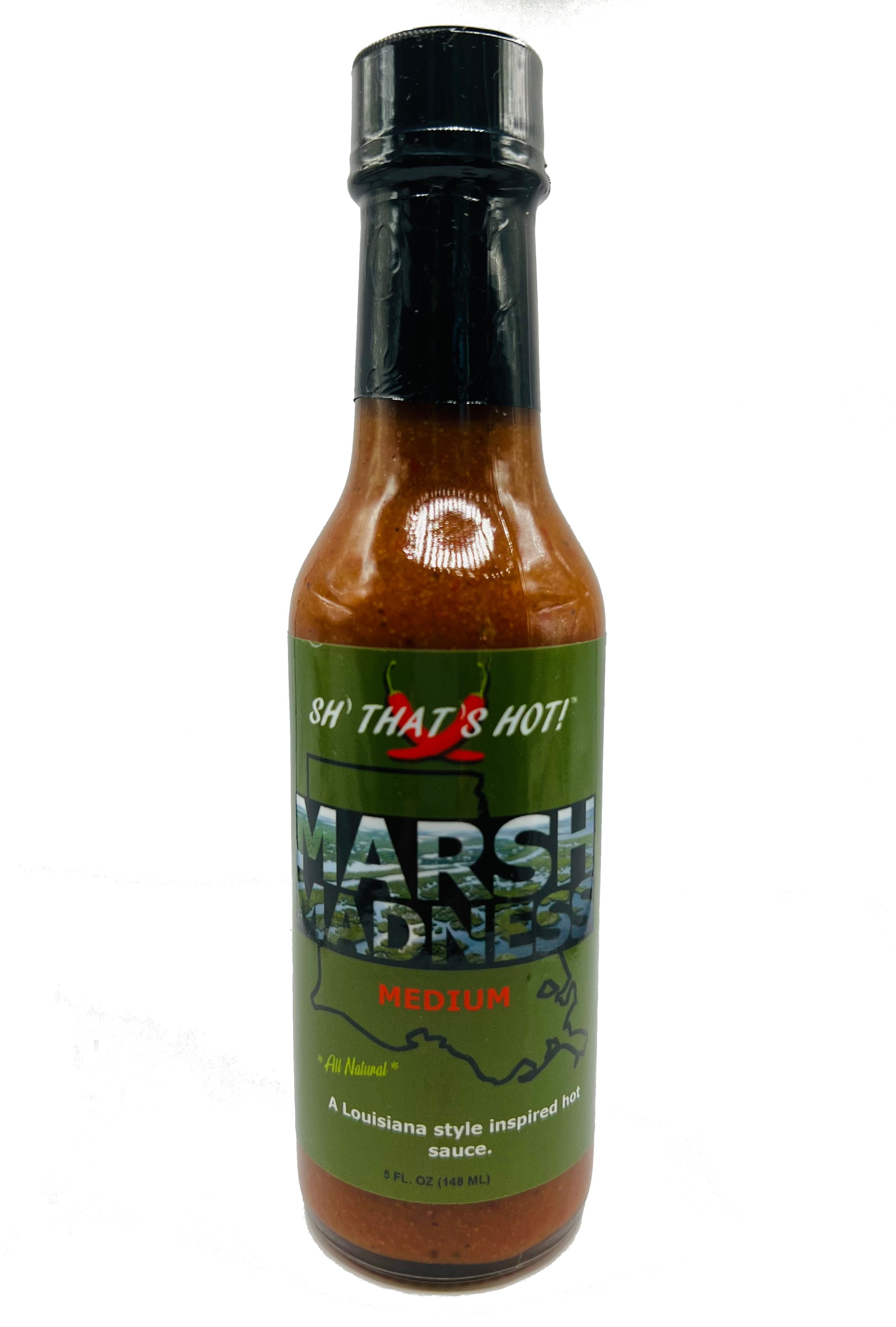 A bottle of Marsh Madness medium hot sauce featuring a bold garlic flavor, with a vibrant label showcasing its Louisiana-style inspiration.