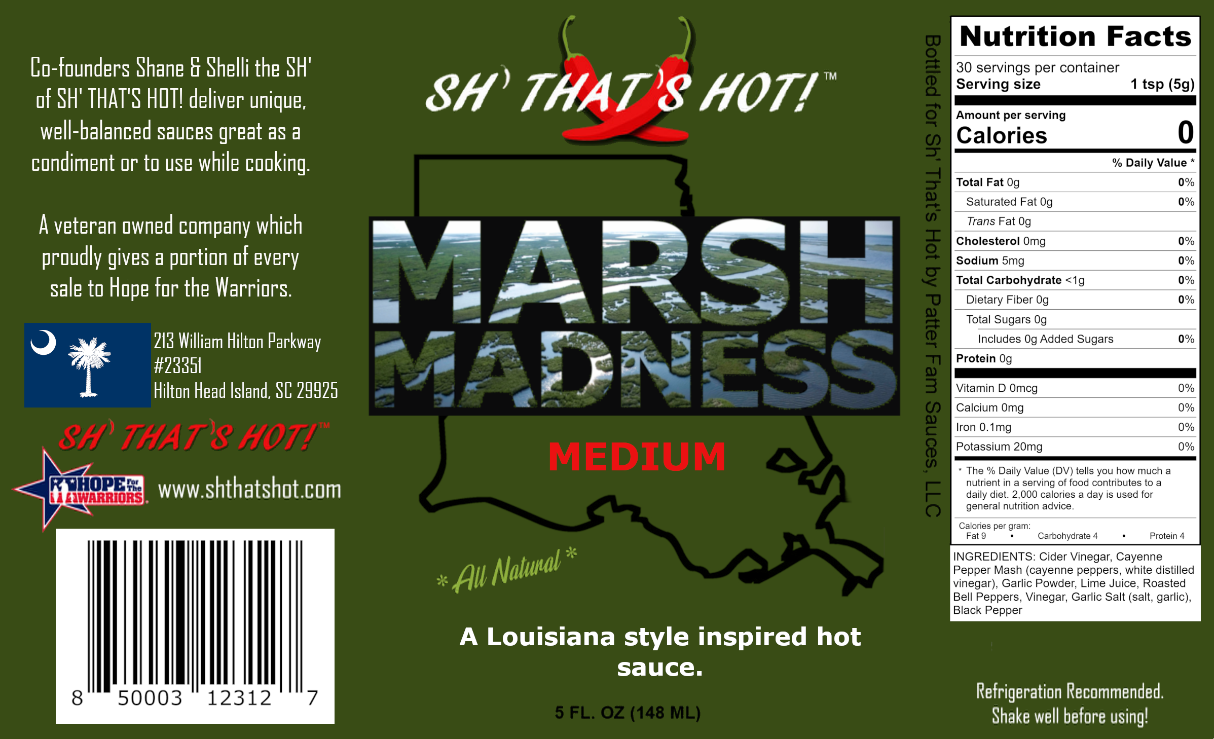 A bottle of Marsh Madness medium hot sauce featuring a bold garlic flavor, with a vibrant label showcasing its Louisiana-style inspiration.