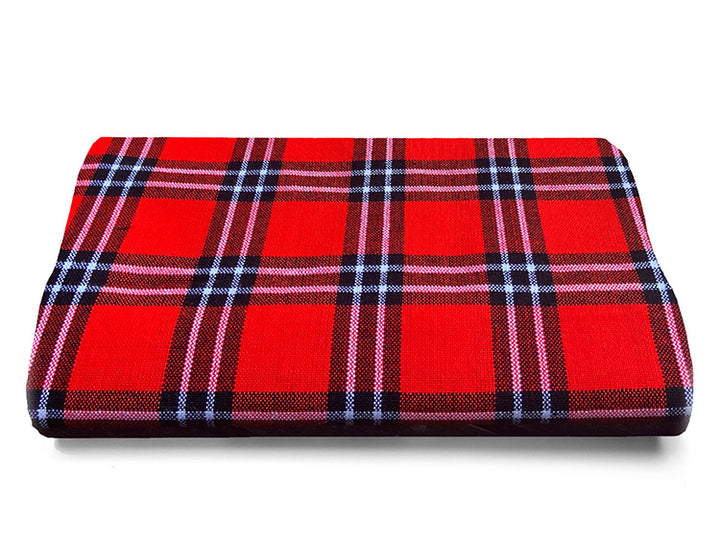 A vibrant Maasai Blanket featuring traditional patterns, made from 100% acrylic, measuring approximately 150cm x 200cm, ideal for various uses.