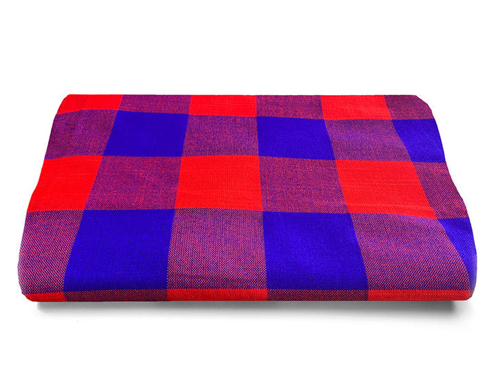 A vibrant Maasai Shuka throw blanket featuring traditional patterns, made from 100% acrylic, measuring approximately 150cm x 200cm, perfect for various uses.