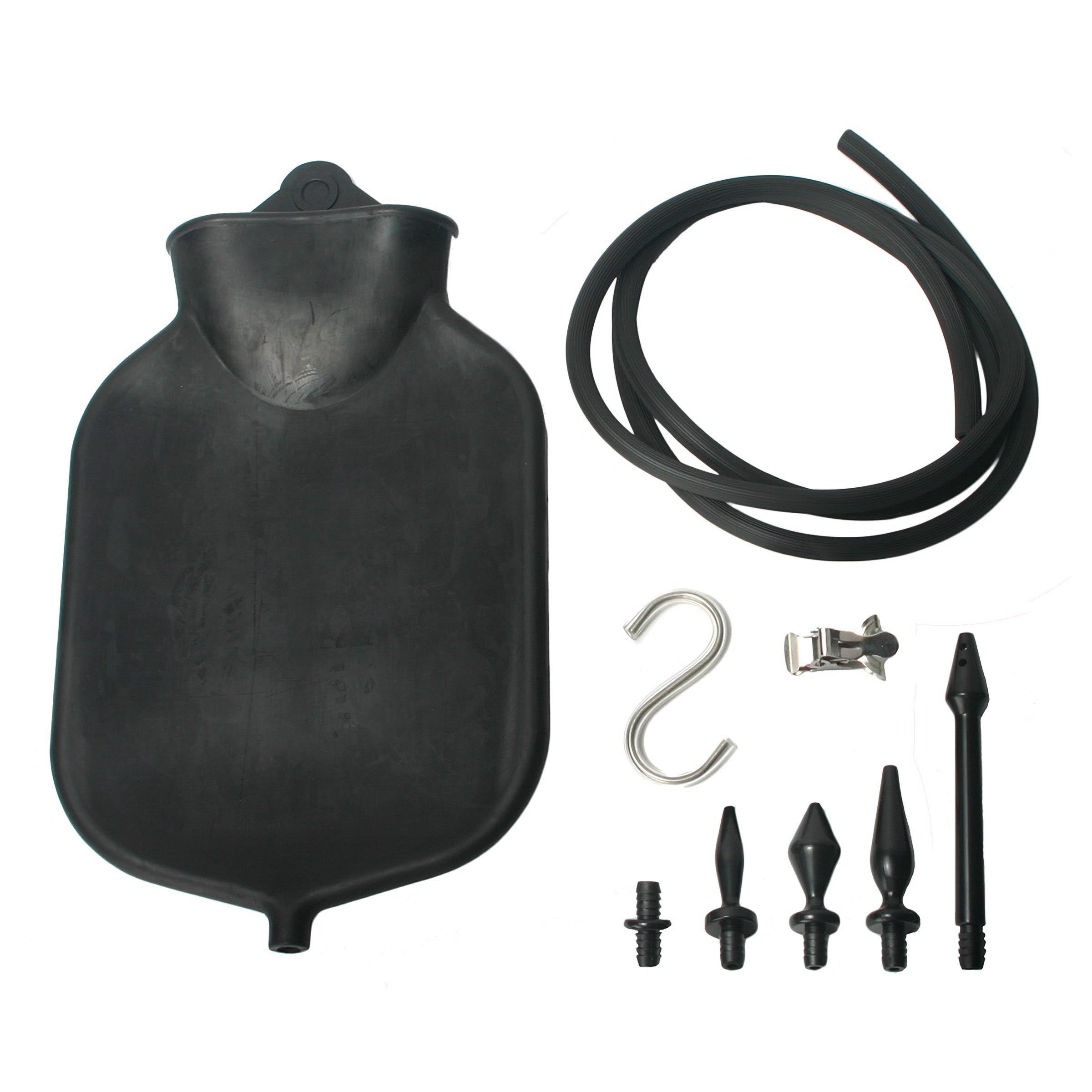 Master Series Deluxe Black Enema Set featuring a rubber bag, flexible hose, and various enema tips in a leather storage case.