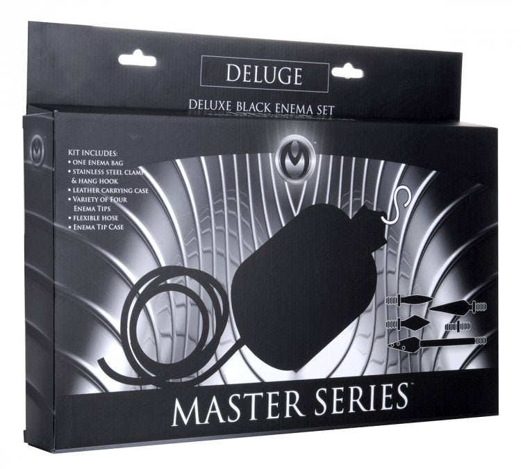 Master Series Deluxe Black Enema Set featuring a rubber bag, flexible hose, and various enema tips in a leather storage case.