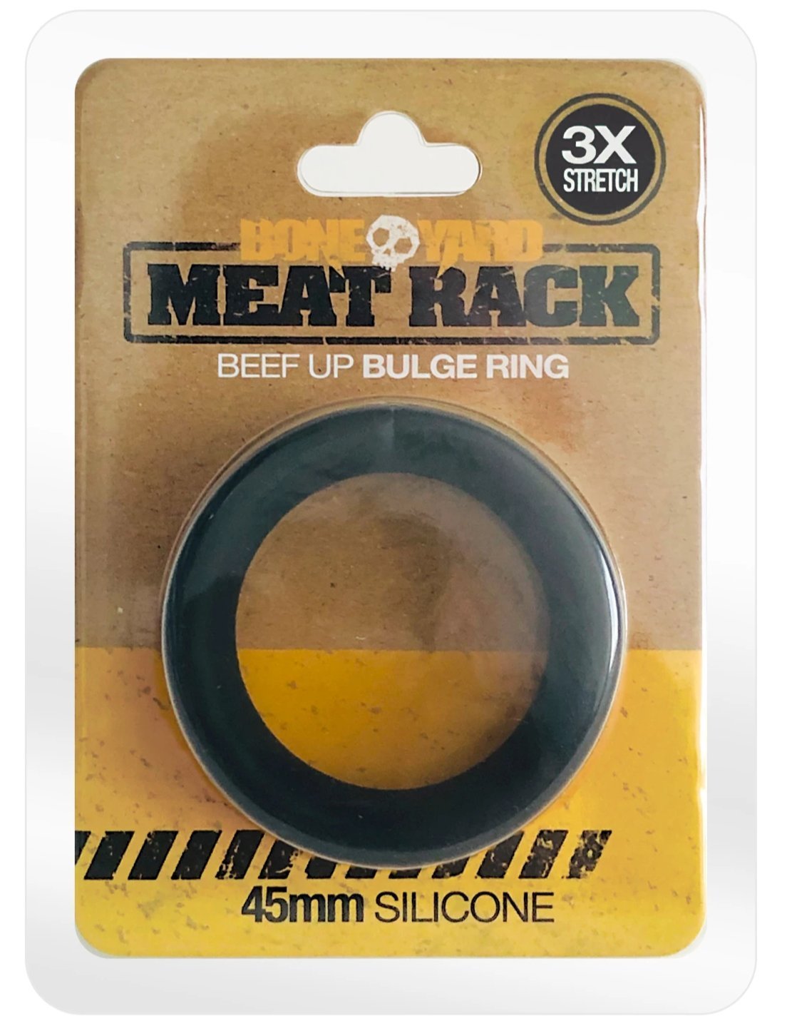 Meat Rack Black cock ring made of stretchy silicone, showcasing its thick girth and no-roll design for enhanced comfort and powerful erections.