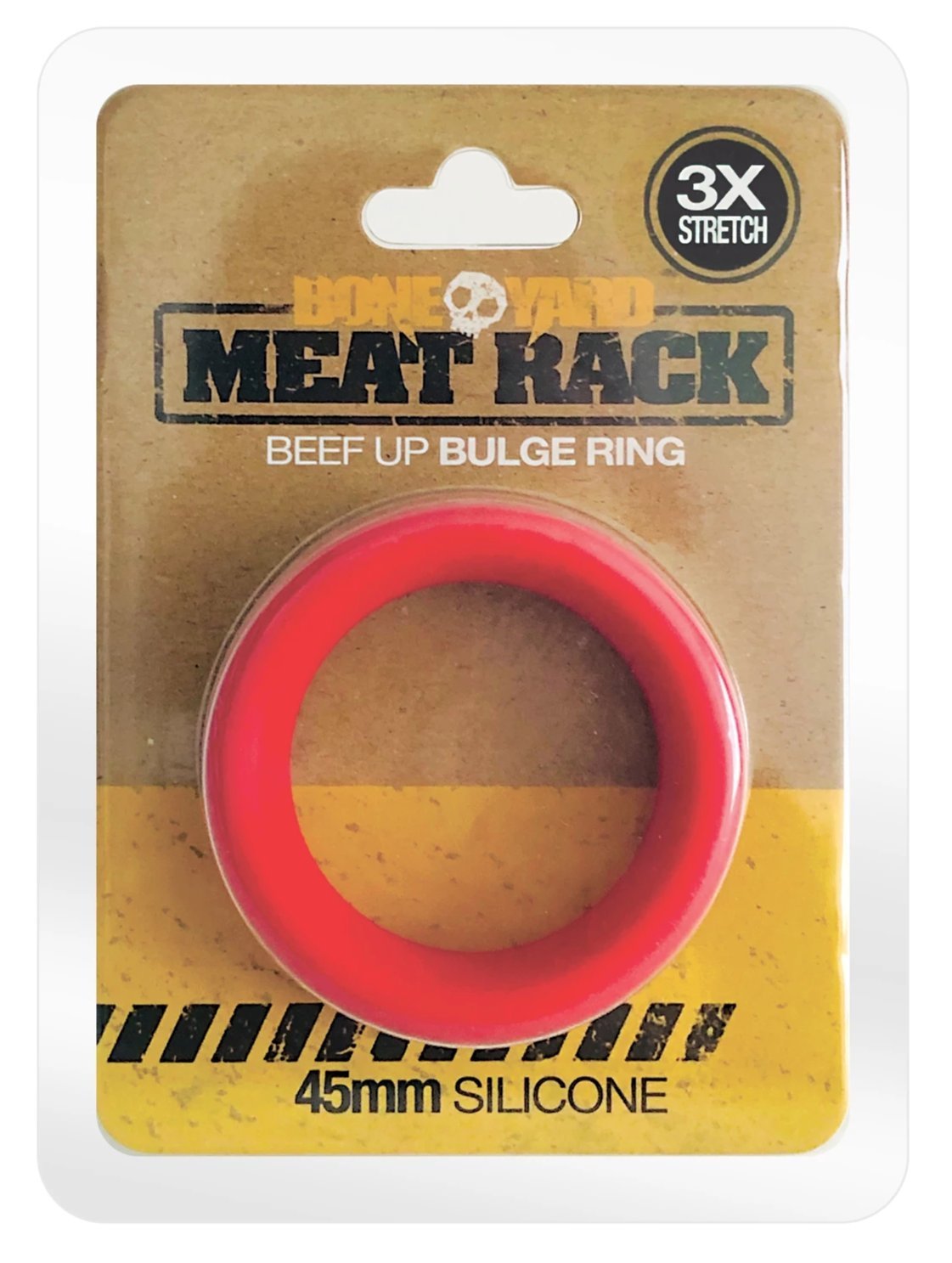 Meat Rack Red cock ring made of stretchy silicone, showcasing its thick girth and non-roll design for enhanced comfort and powerful erections.