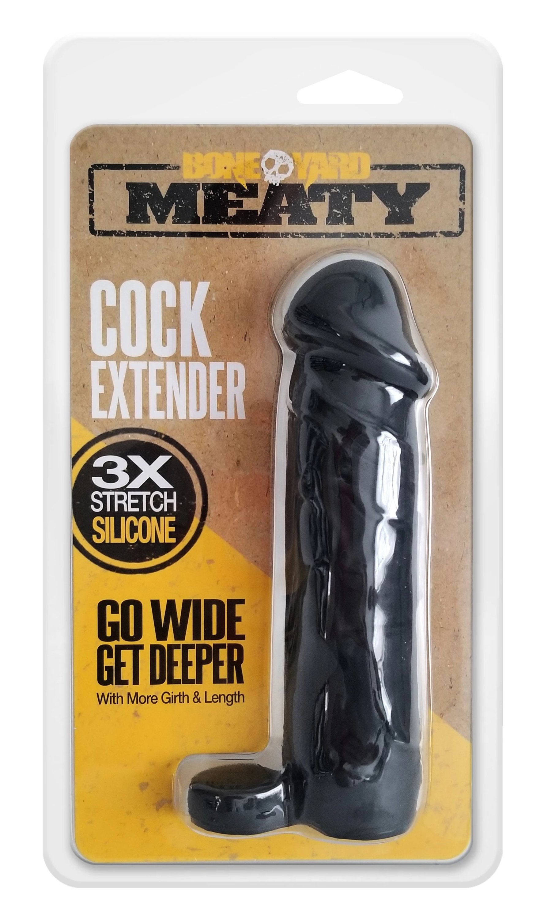 Boneyard Meaty Cock Extender Black made of soft touch silicone, showcasing its length and girth enhancement features.