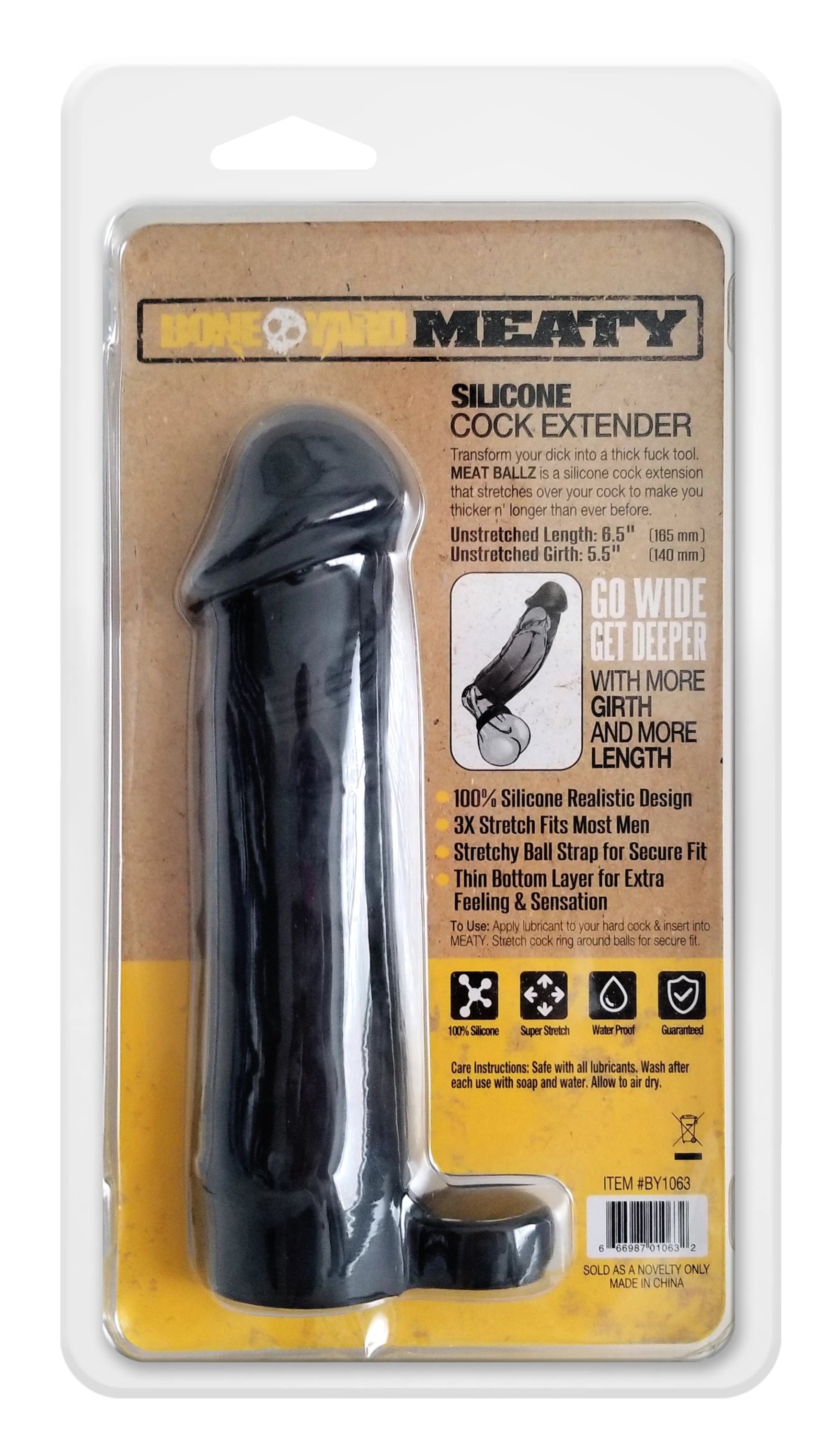 Boneyard Meaty Cock Extender Black made of soft touch silicone, showcasing its length and girth enhancement features.