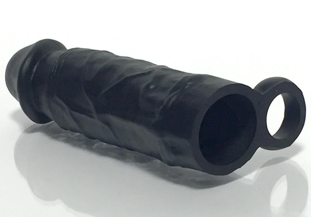 Boneyard Meaty Cock Extender Black made of soft touch silicone, showcasing its length and girth enhancement features.