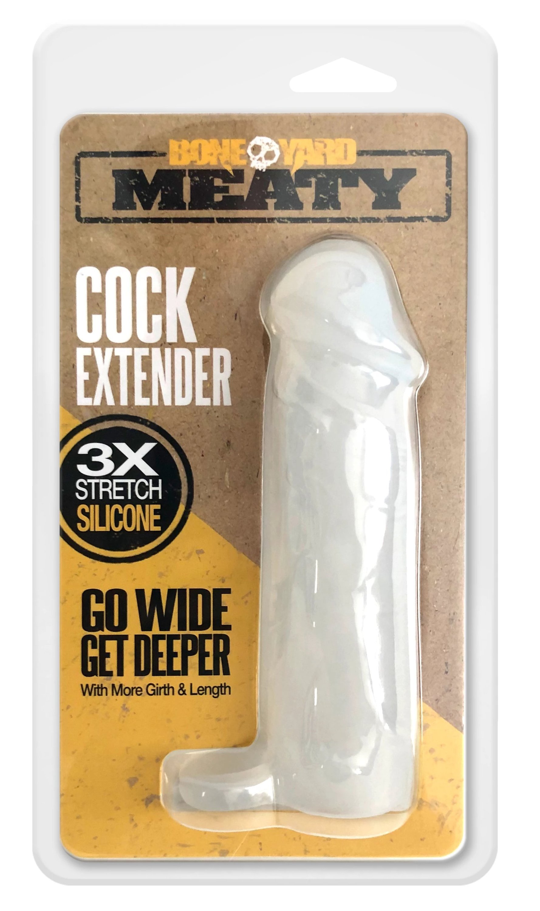 Meaty Cock Extender Clear made of soft touch silicone, showcasing its translucent design and added length and girth features.