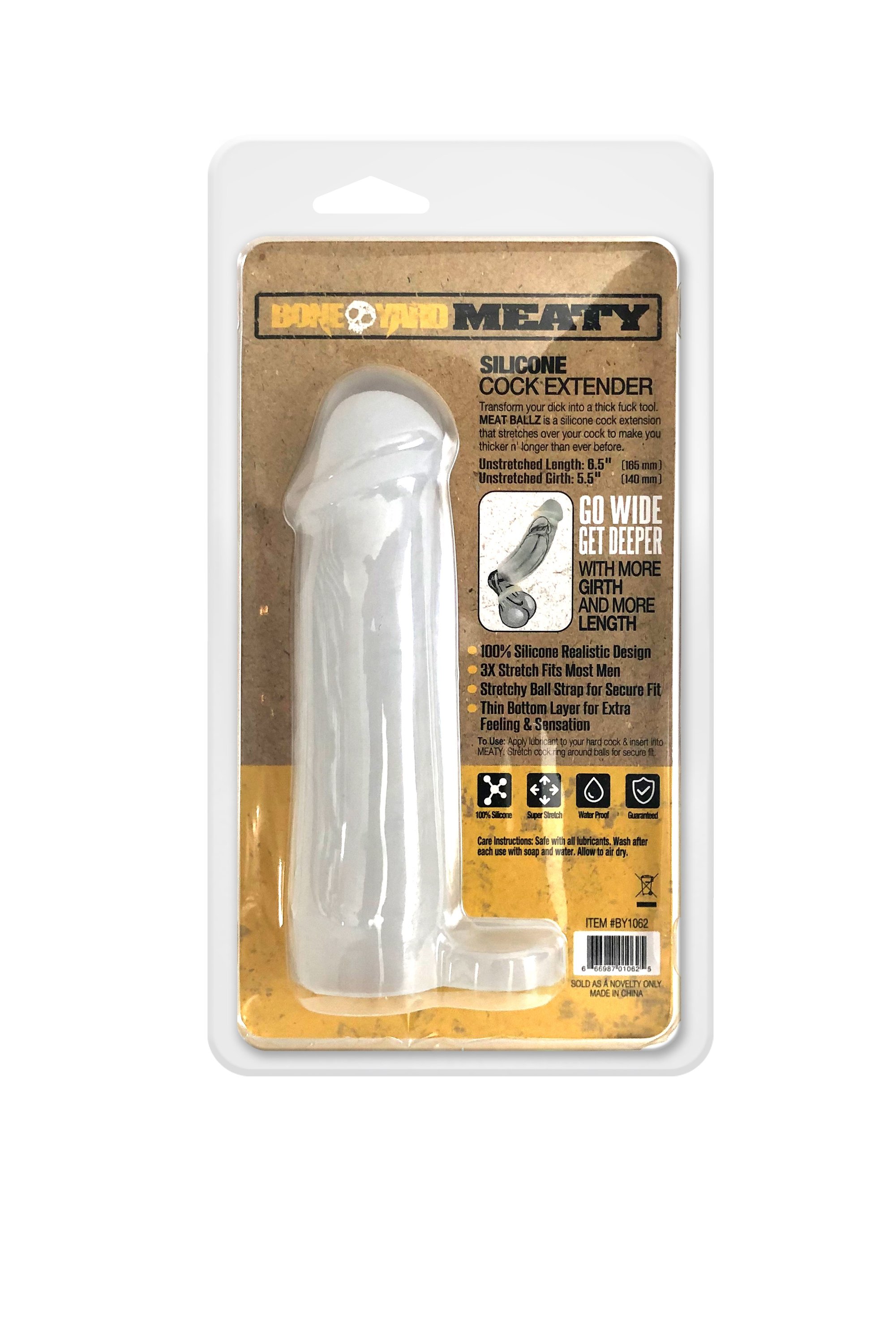 Meaty Cock Extender Clear made of soft touch silicone, showcasing its translucent design and added length and girth features.