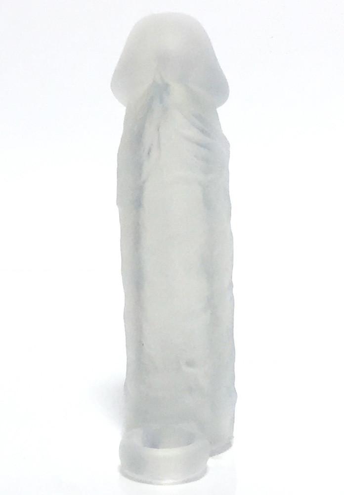 Meaty Cock Extender Clear made of soft touch silicone, showcasing its translucent design and added length and girth features.