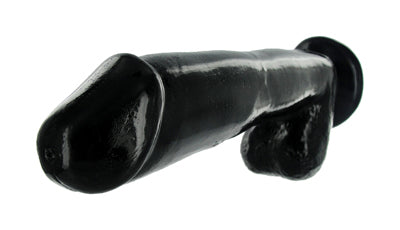 Mighty Midnight 10 Inch Dildo with Suction Cup, glossy black finish, flexible TPR material, designed for intense pleasure.