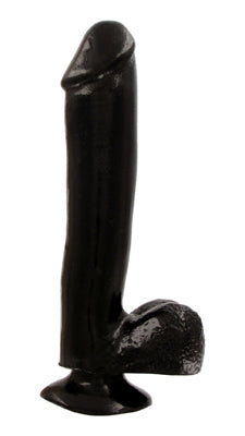 Mighty Midnight 10 Inch Dildo with Suction Cup, glossy black finish, flexible TPR material, designed for intense pleasure.