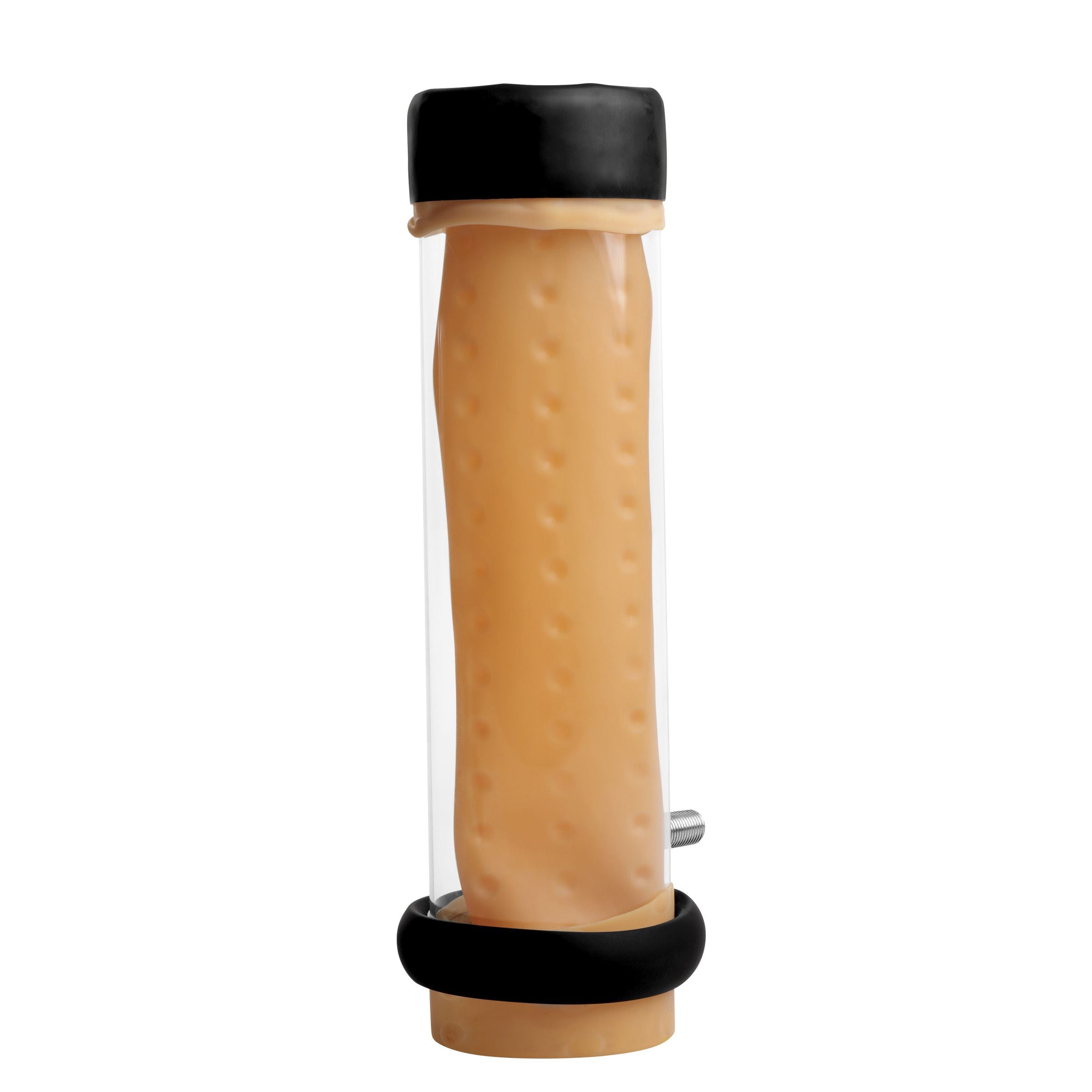 Milker Cylinder with Textured Sleeve, featuring rows of textured beads for enhanced pleasure, designed for use with the Milker Automatic Stroker Machine.