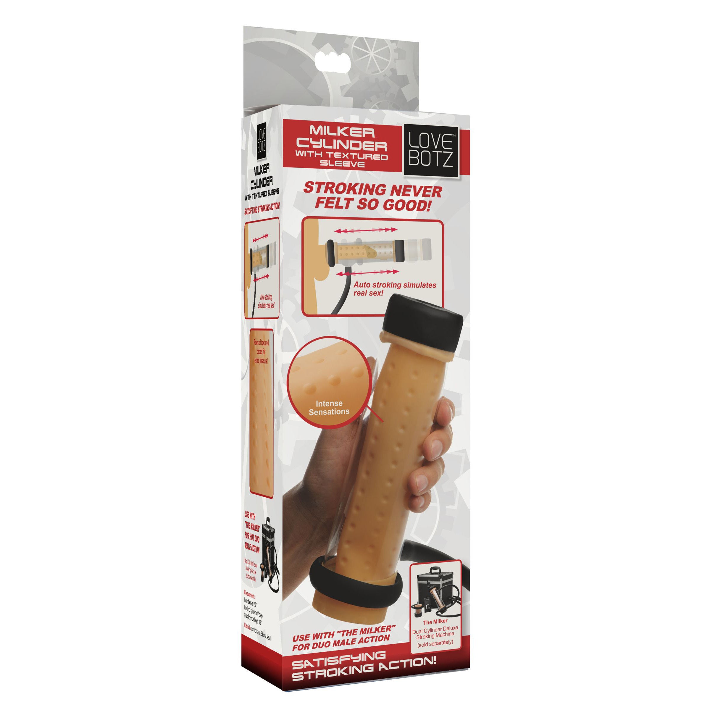 Milker Cylinder with Textured Sleeve, featuring rows of textured beads for enhanced pleasure, designed for use with the Milker Automatic Stroker Machine.