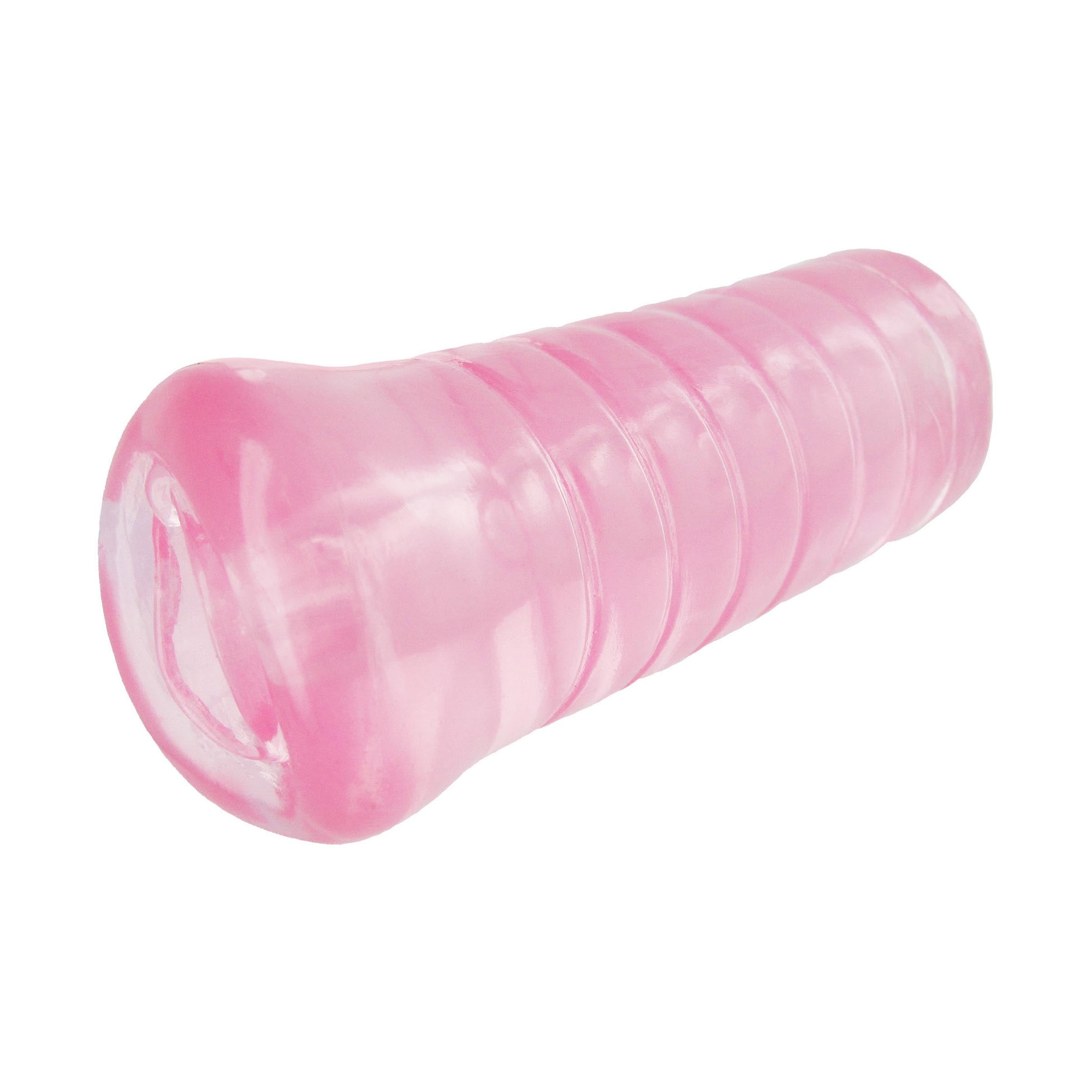 Mini Pink Pussy Stroker made of soft TPE material, featuring a ribbed inner surface for enhanced stimulation and an open-ended design for easy cleaning.