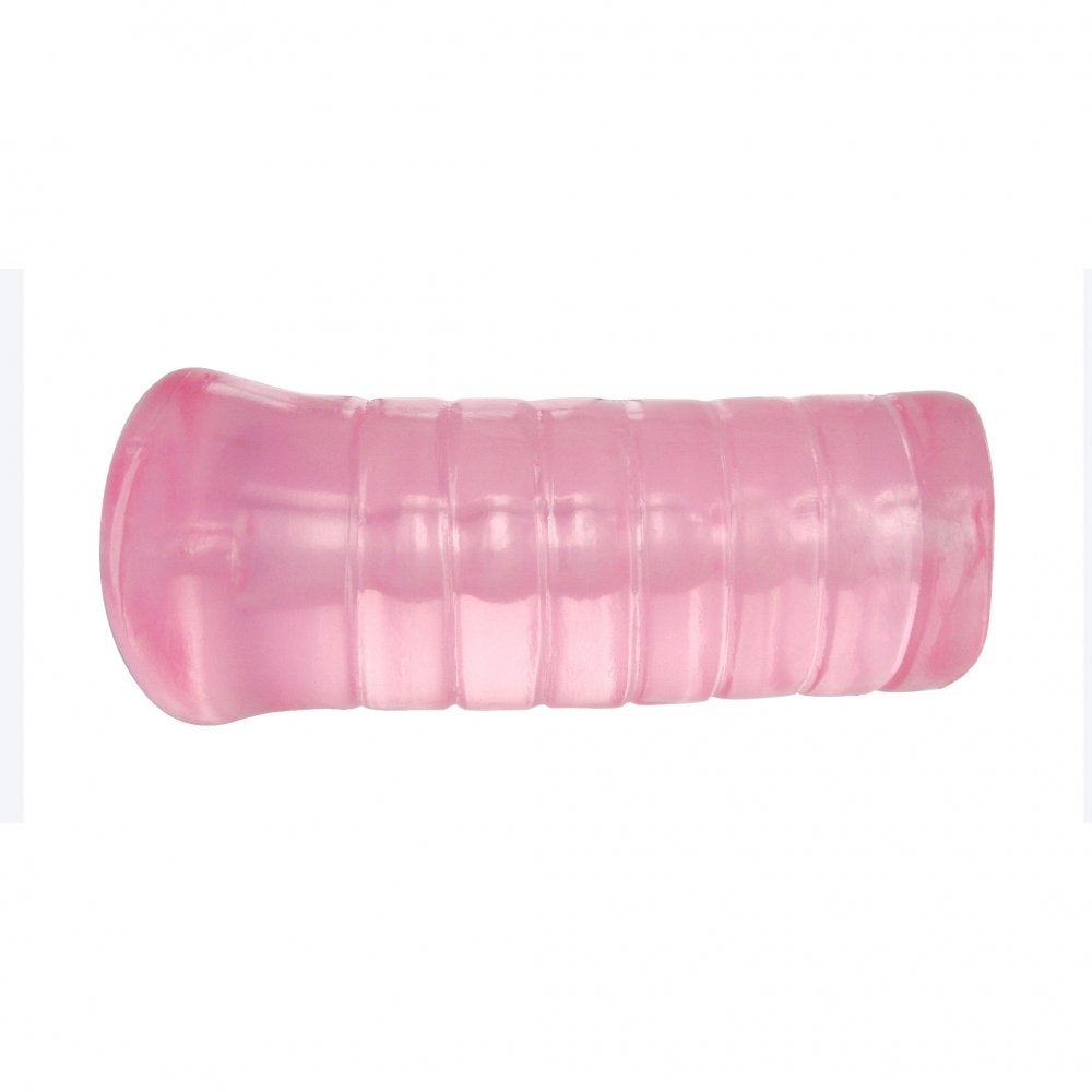 Mini Pink Pussy Stroker made of soft TPE material, featuring a ribbed inner surface for enhanced stimulation and an open-ended design for easy cleaning.