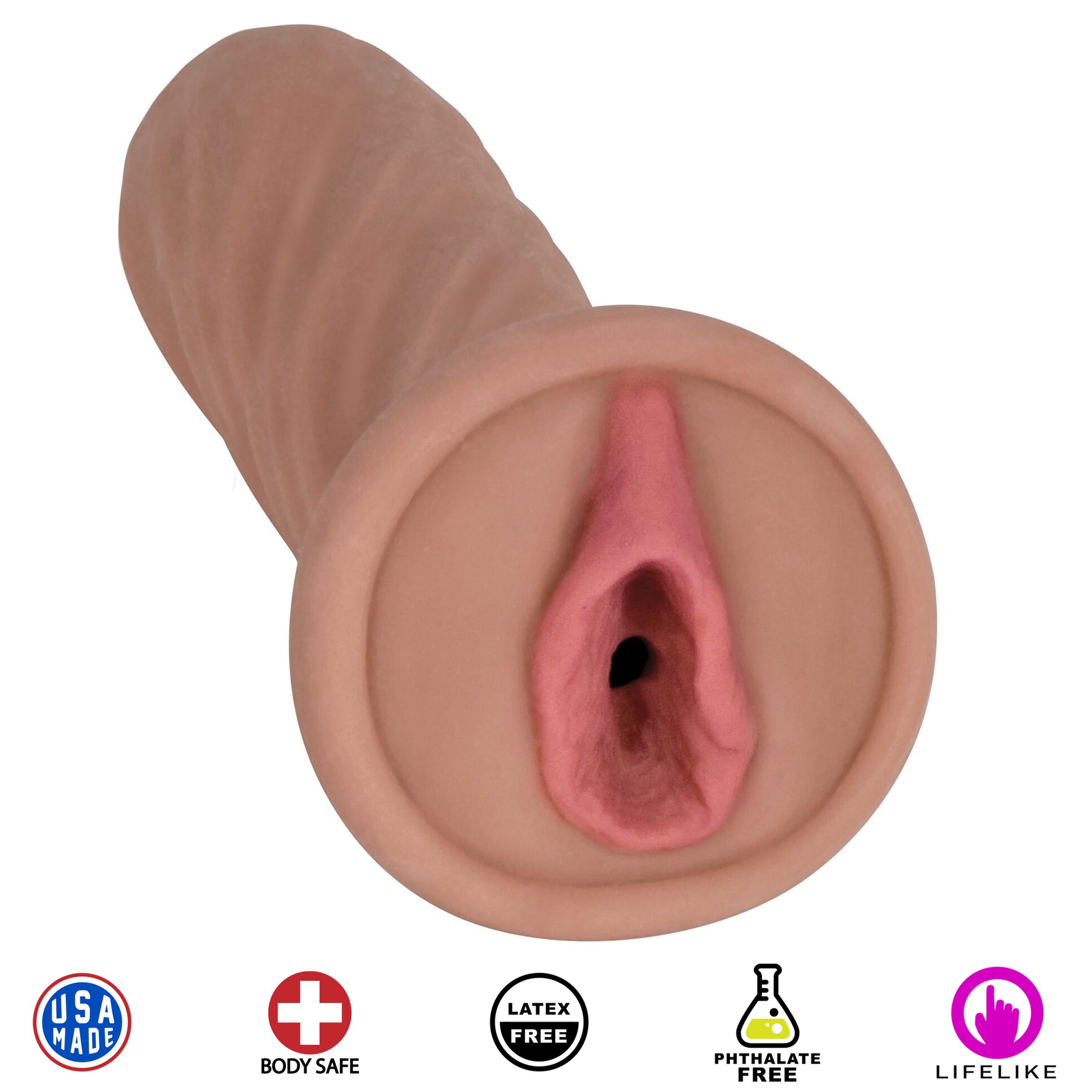 Mistress Brianna BioSkin Vibrating Pussy Stroker showcasing realistic labia and textured tunnel for enhanced pleasure.