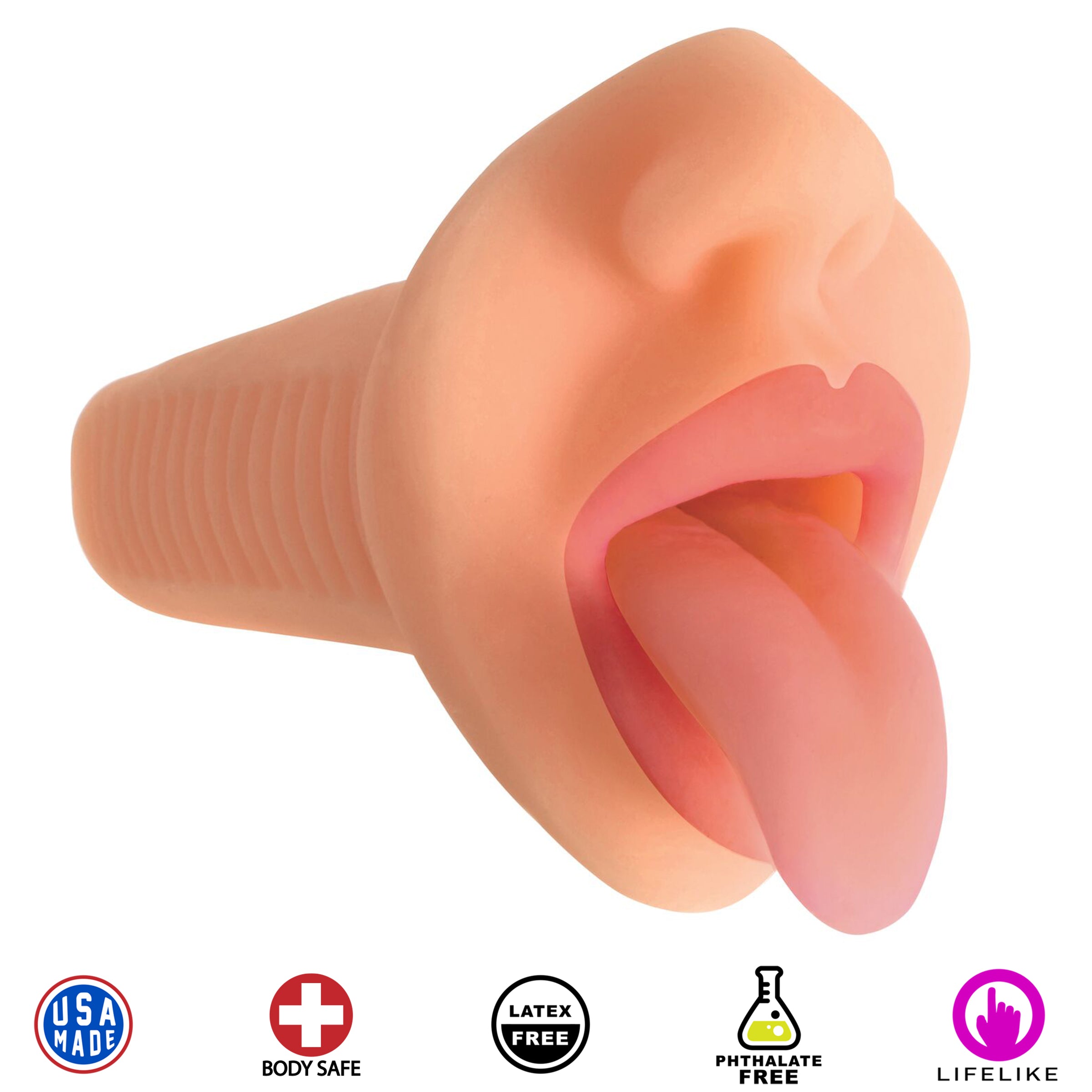 Mistress Courtney Vibrating Mouth Stroker in light color, showcasing realistic lips and ribbed interior for enhanced pleasure.