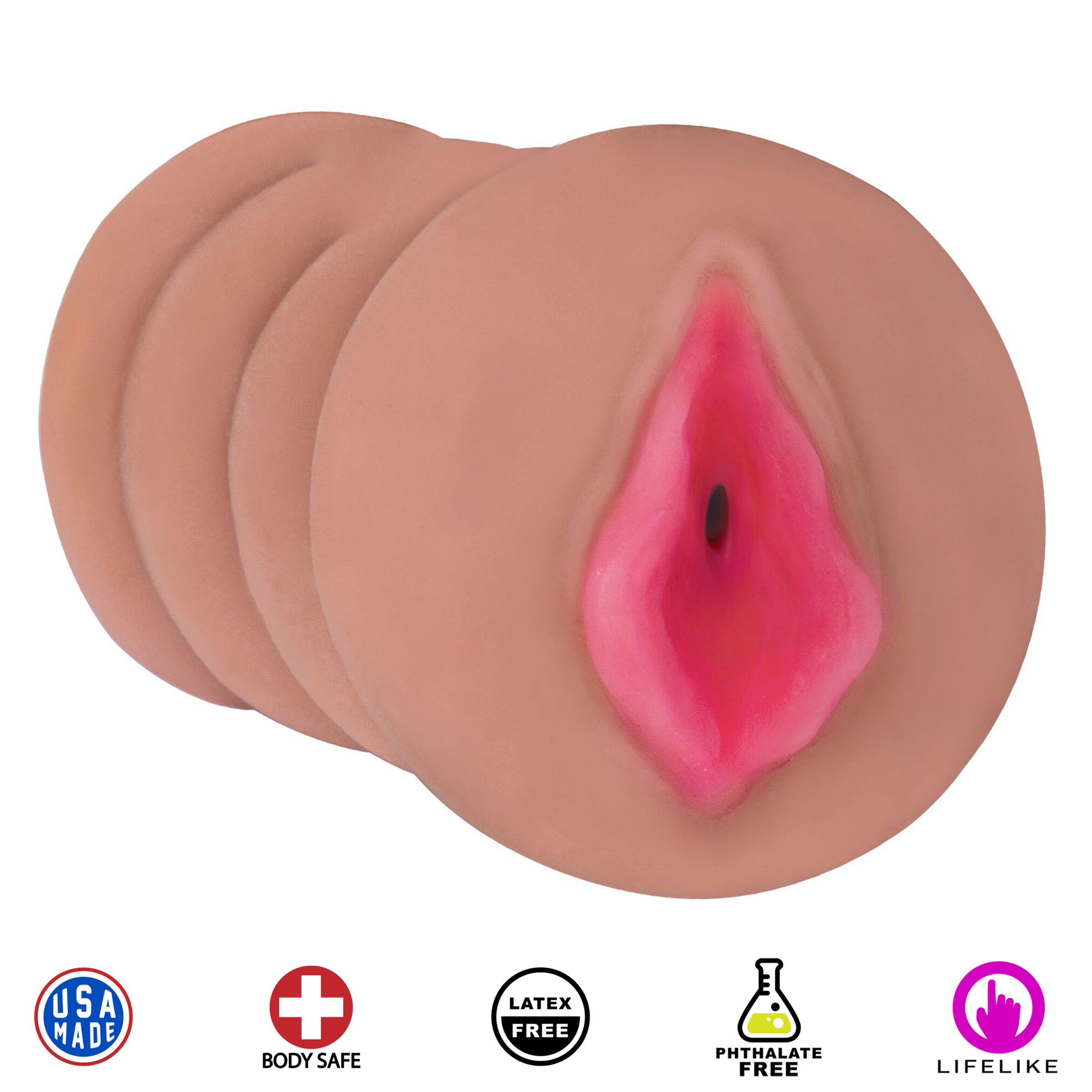 Mistress Sabrina Pussy Stroker - Medium with realistic design and hand-painted lips, showcasing its soft texture and molded grip.