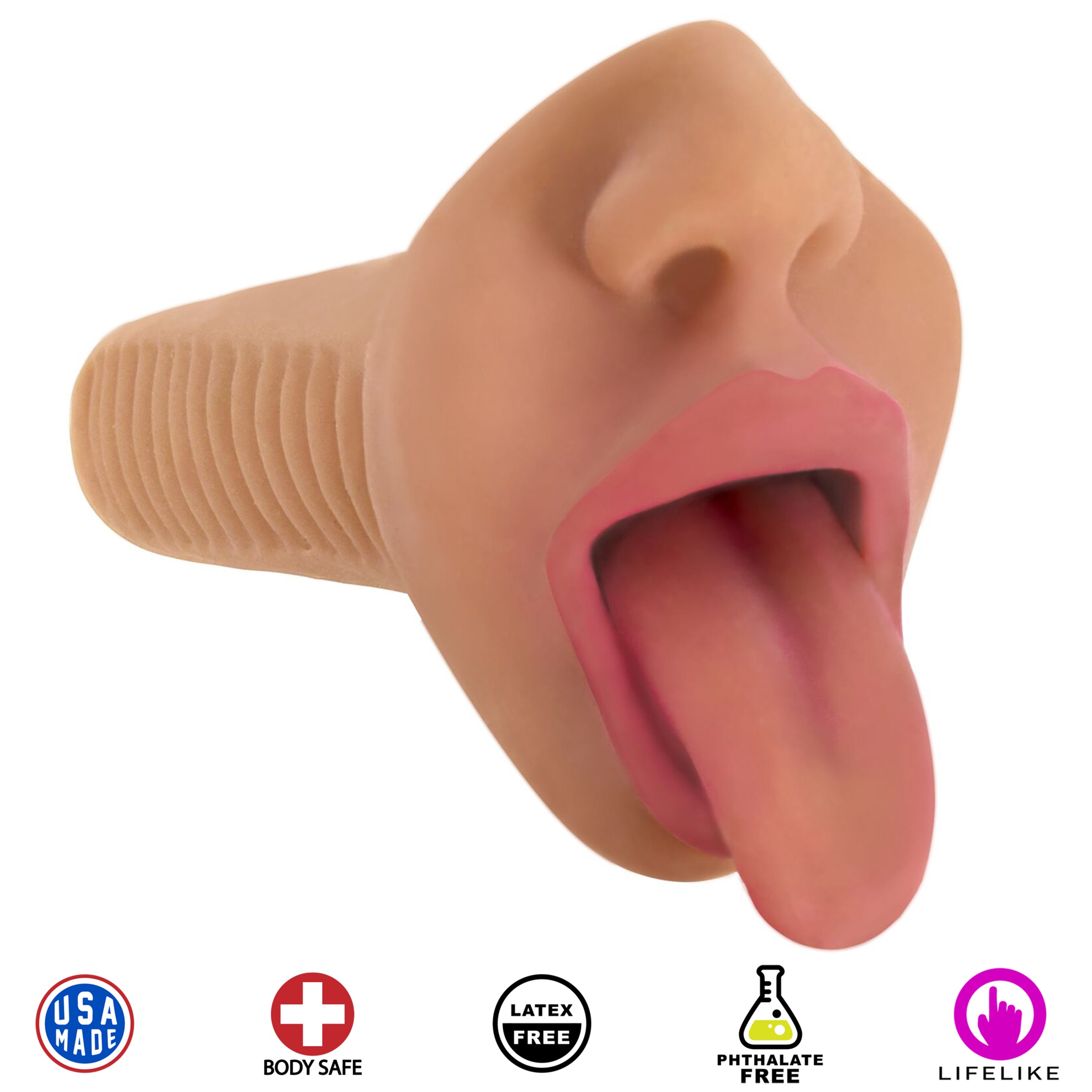 Mistress Selene Vibrating Mouth Stroker showcasing its lifelike design and vibrating feature.