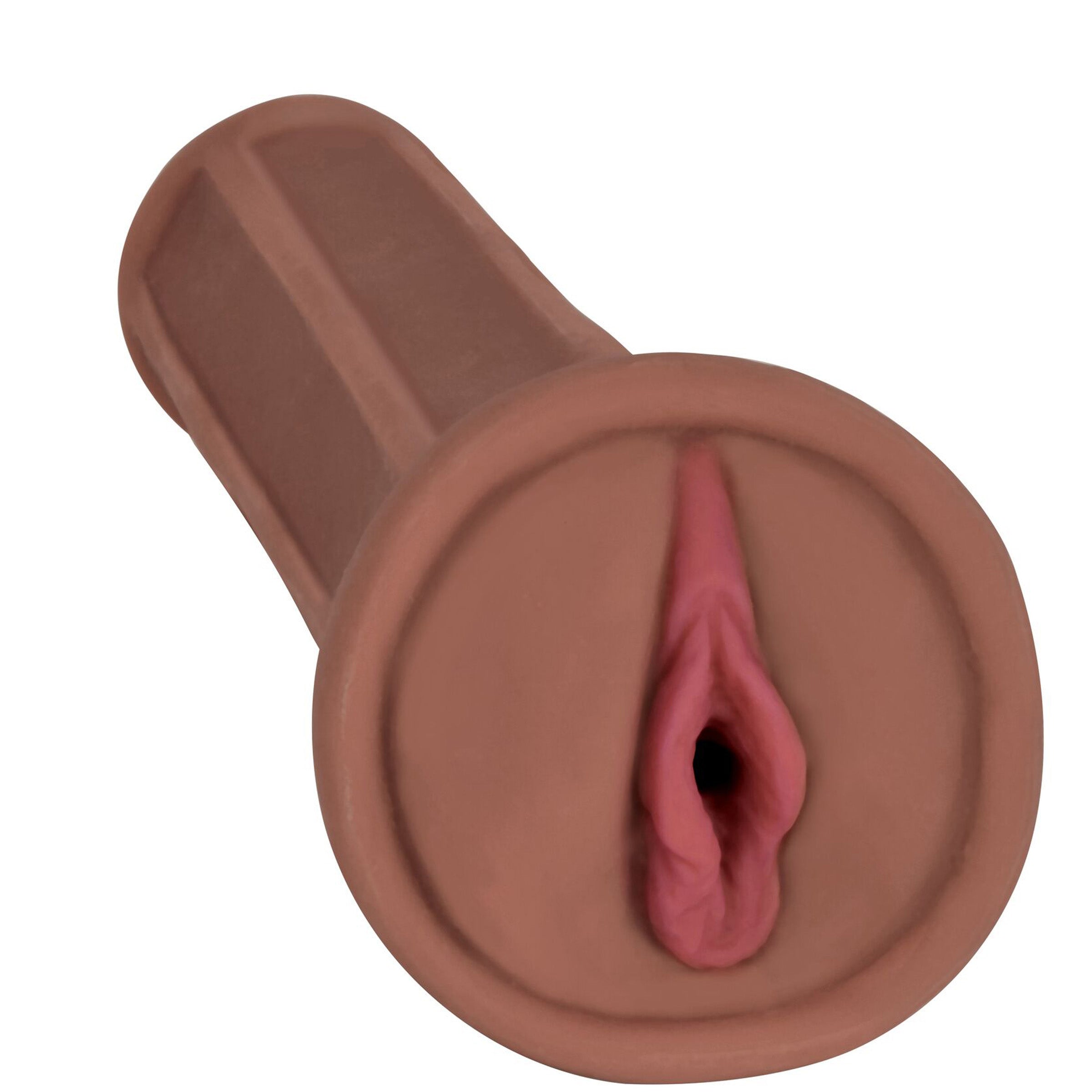 Mistress Sia BioSkin Vibrating Pussy Stroker in dark color, showcasing realistic labia and textured tunnel for enhanced pleasure.