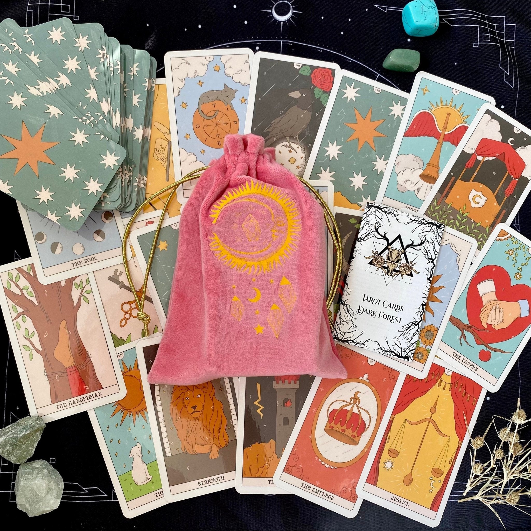 Moon Magic Tarot Deck featuring 78 beautifully designed cards, a guidebook, velvet bag, and wooden box, all in a stunning presentation.