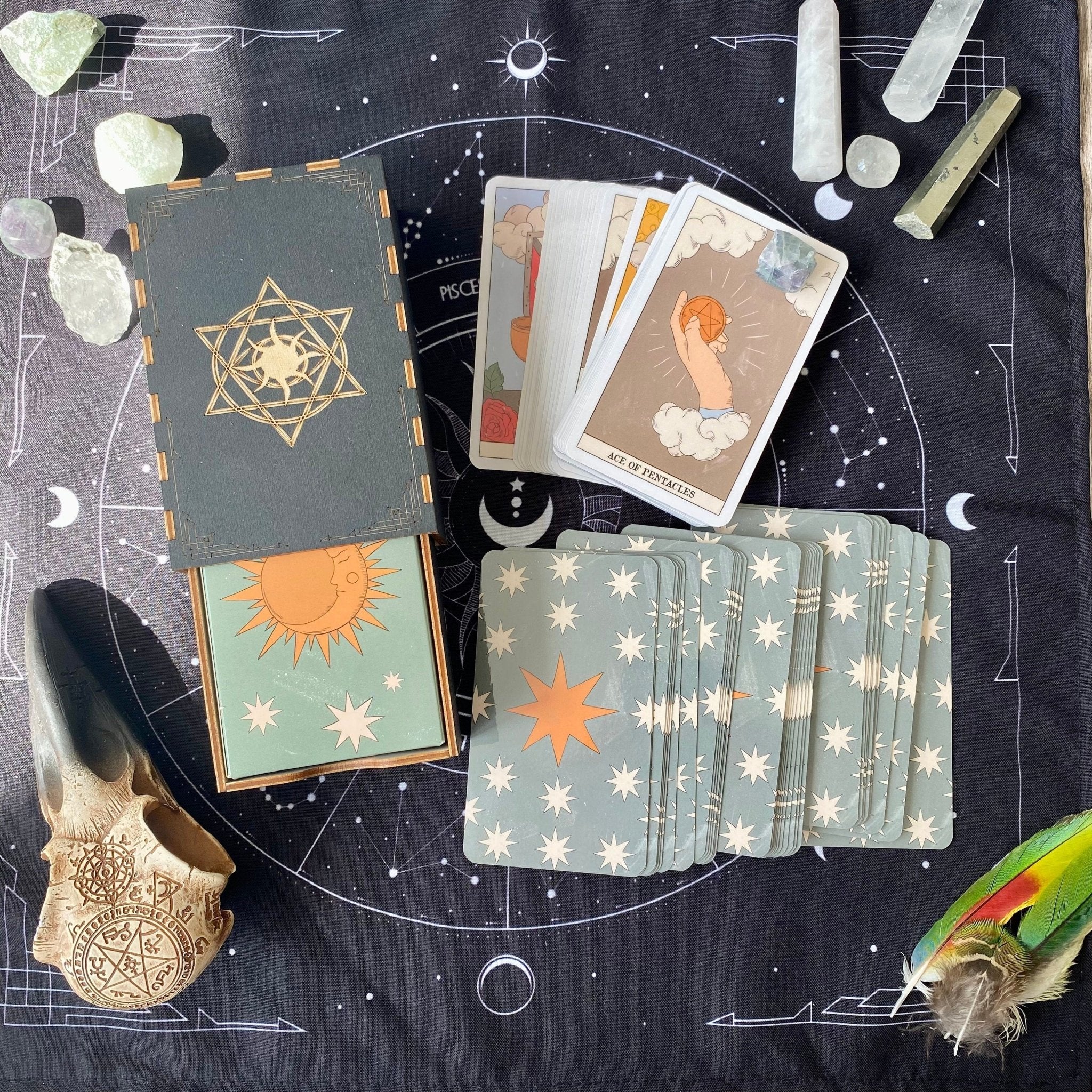 Moon Magic Tarot Deck featuring 78 beautifully designed cards, a guidebook, velvet bag, and wooden box, all in a stunning presentation.