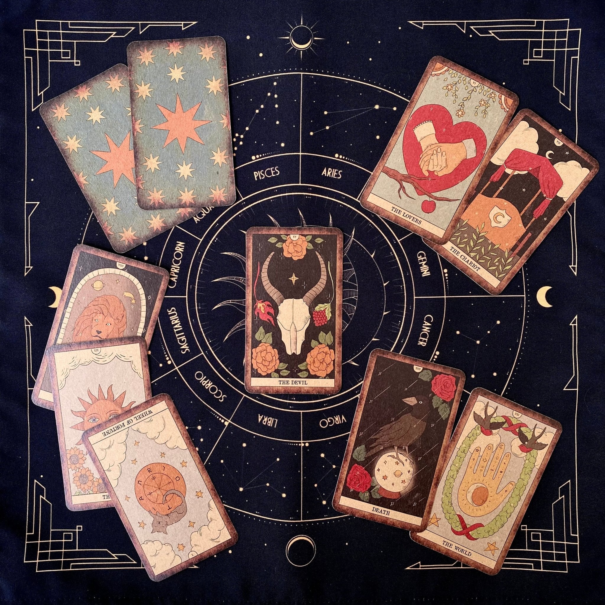 Moon Magic Vintage Tarot Deck featuring 78 beautifully designed cards and a guidebook, showcasing a dark antique aesthetic.