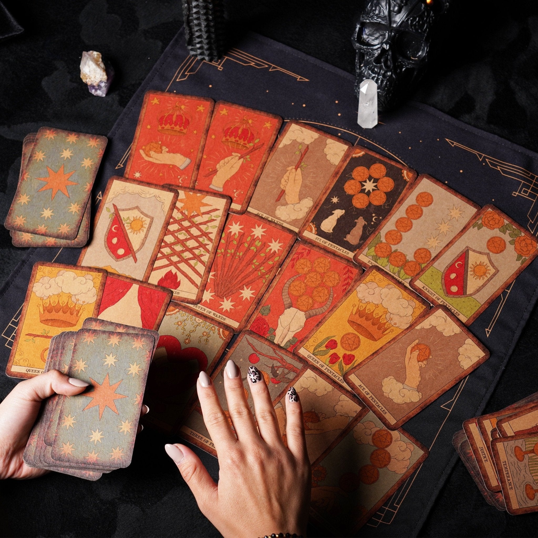 Moon Magic Vintage Tarot Deck featuring 78 beautifully designed cards and a guidebook, showcasing a dark antique aesthetic.