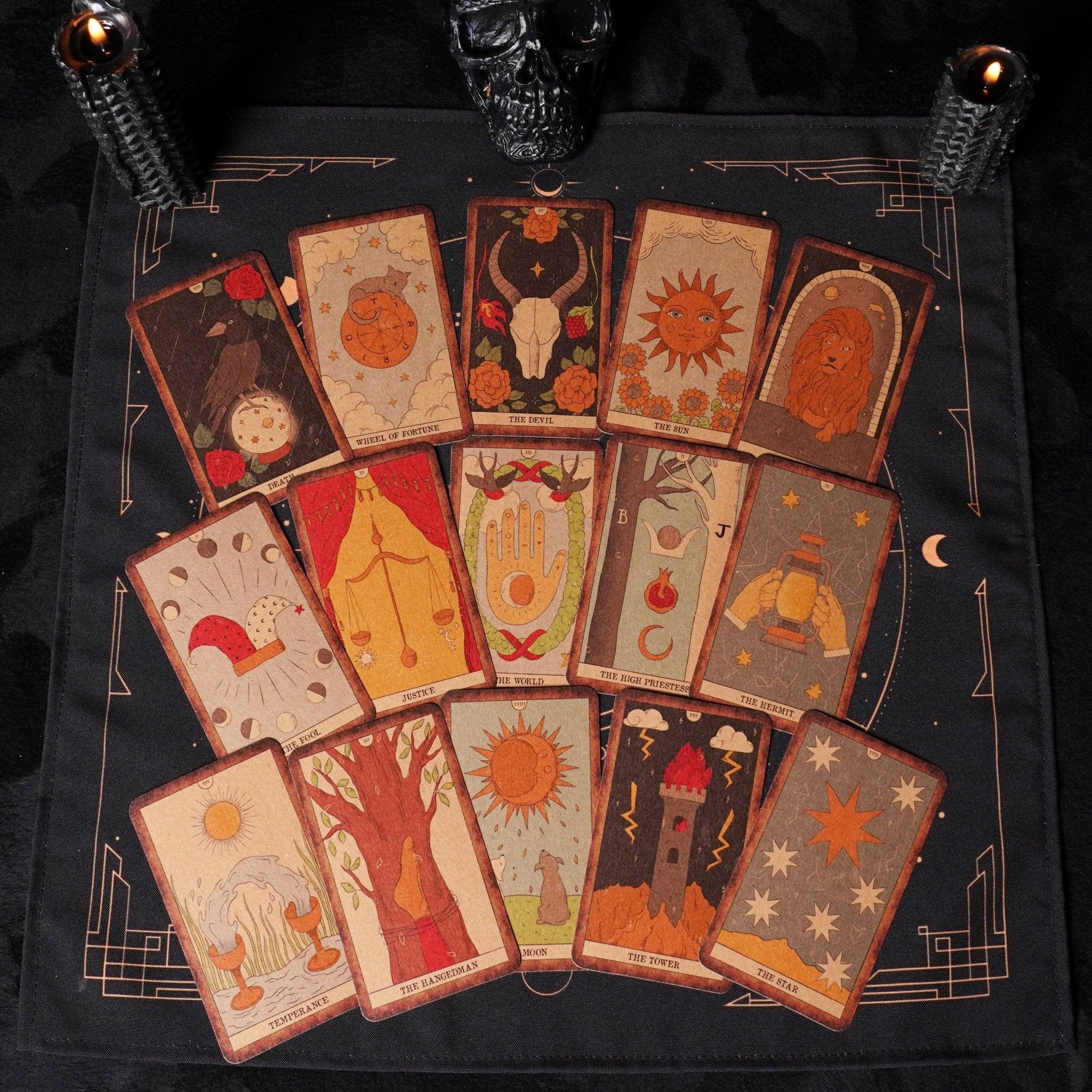 Moon Magic Vintage Tarot Deck featuring 78 beautifully designed cards and a guidebook, showcasing a dark antique aesthetic.