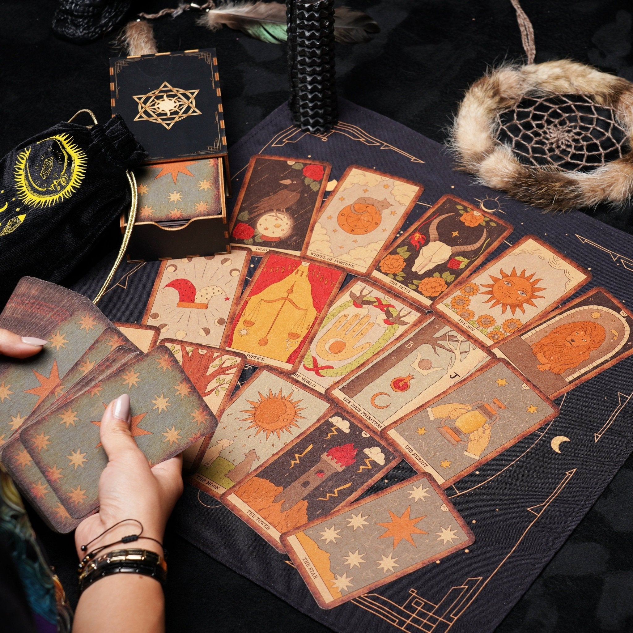 Moon Magic Vintage Tarot Deck featuring 78 beautifully designed cards and a guidebook, showcasing a dark antique aesthetic.