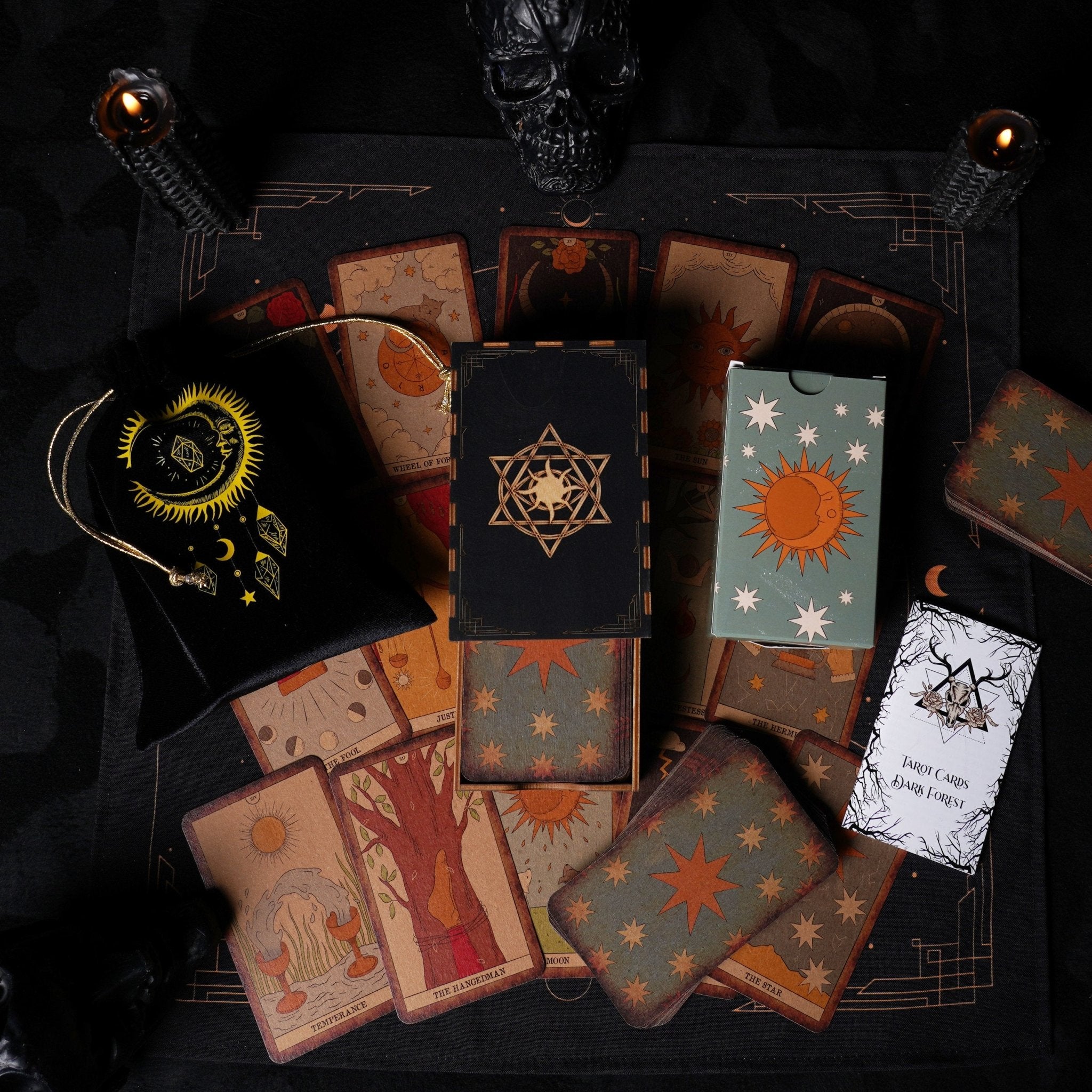 Moon Magic Vintage Tarot Deck featuring 78 beautifully designed cards and a guidebook, showcasing a dark antique aesthetic.