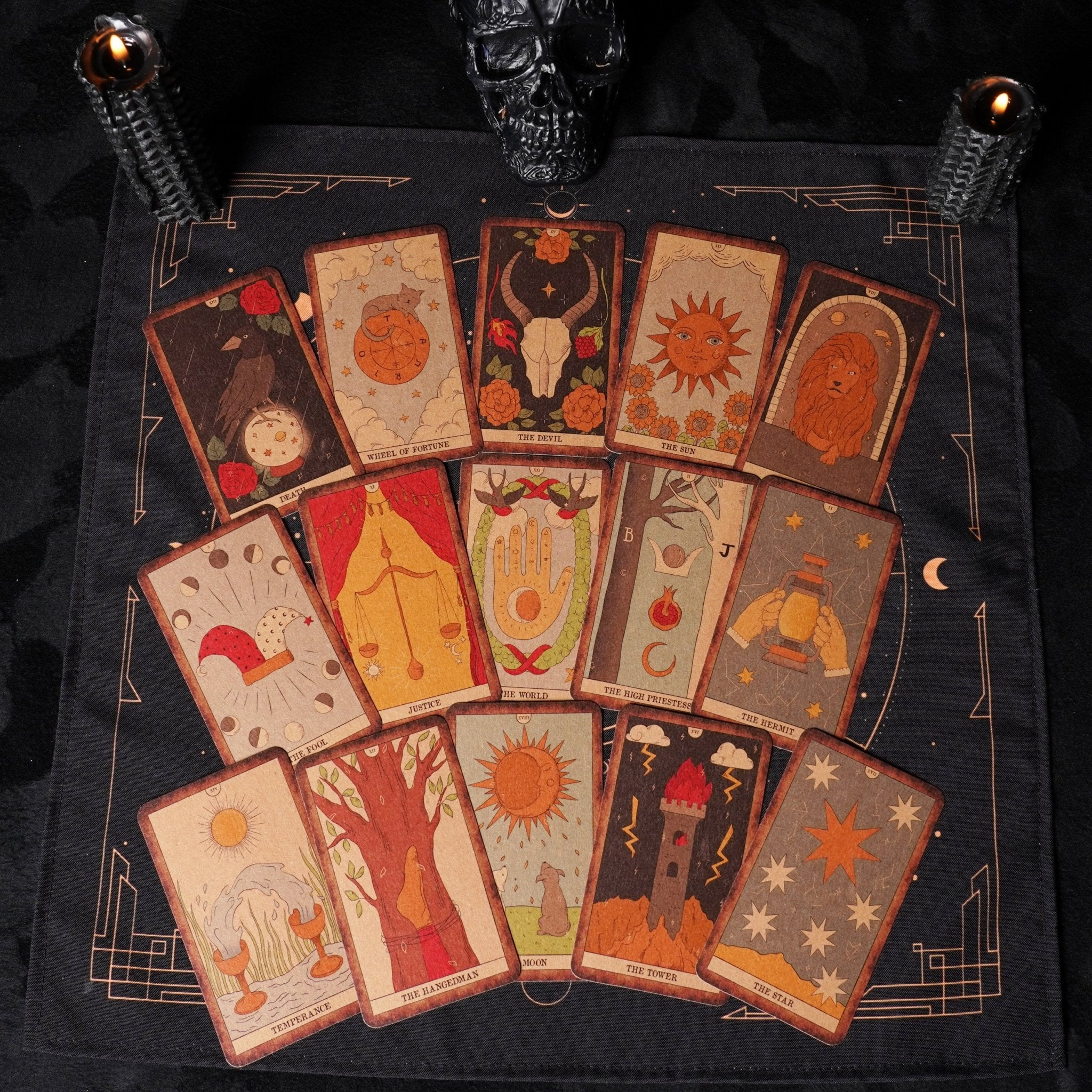 Moon Magic Vintage Tarot Deck featuring 78 beautifully designed cards and a guidebook, showcasing a dark antique aesthetic.