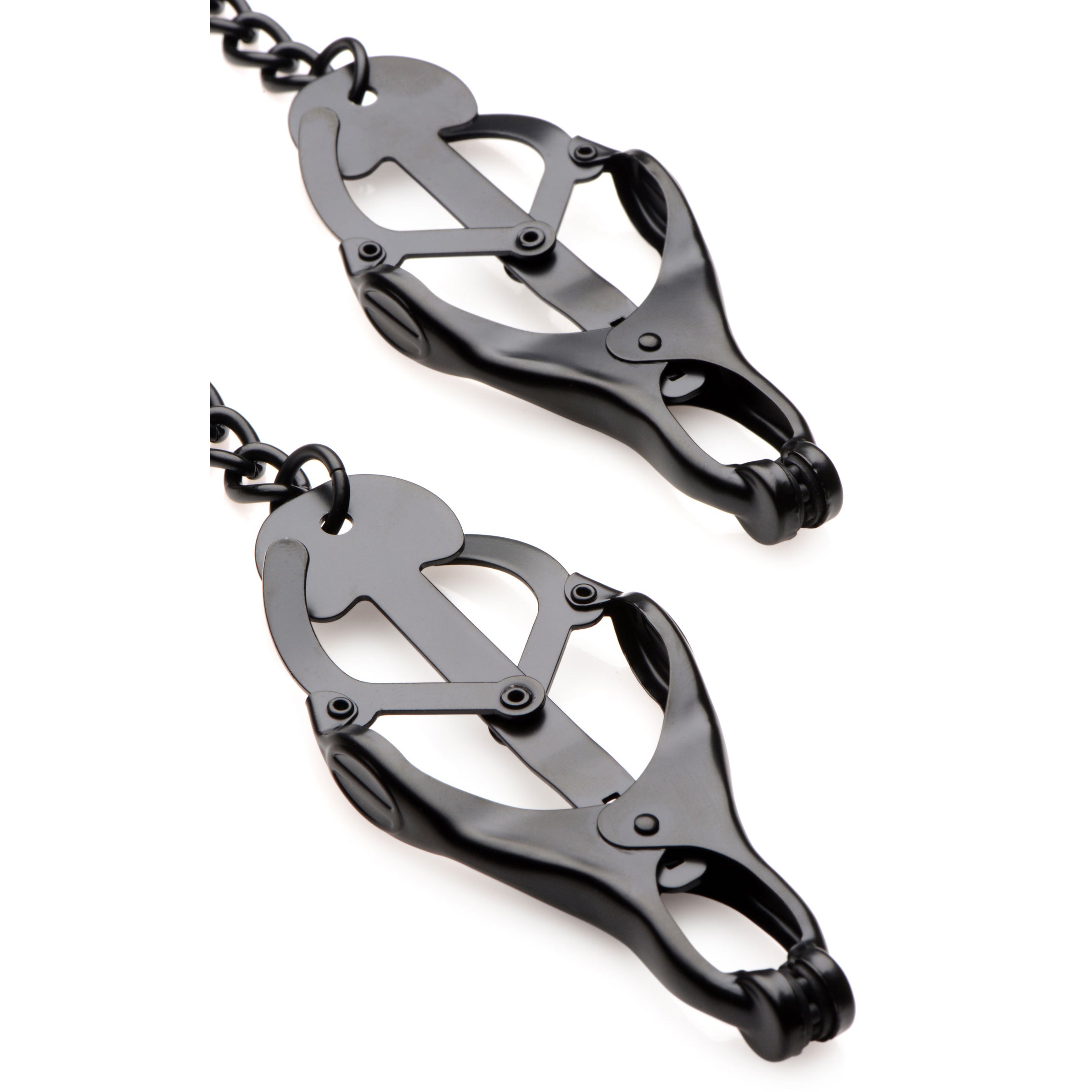 Monarch Noir Nipple Vice, a sleek black metal nipple clamp with adjustable chain for enhanced pleasure.