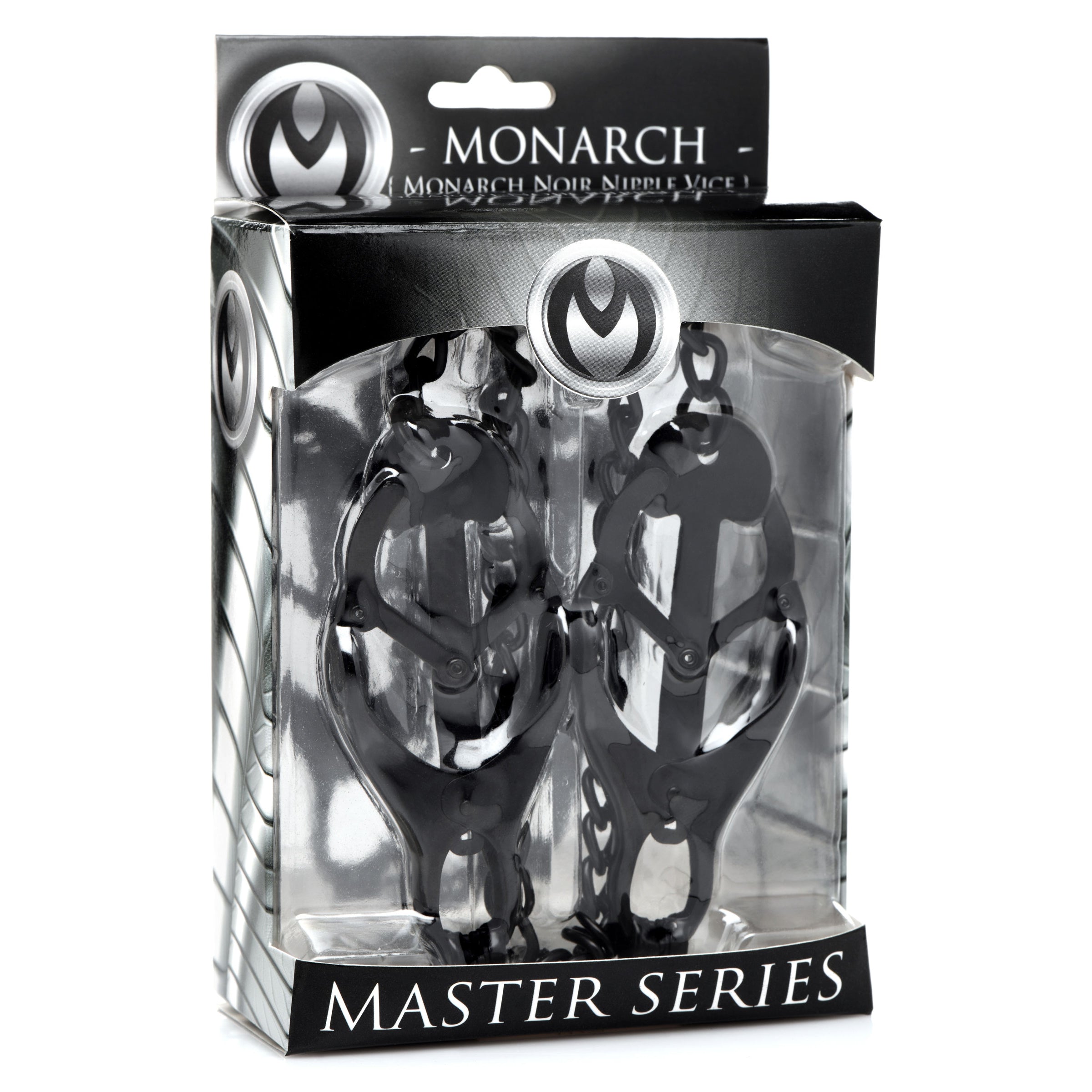 Monarch Noir Nipple Vice, a sleek black metal nipple clamp with adjustable chain for enhanced pleasure.