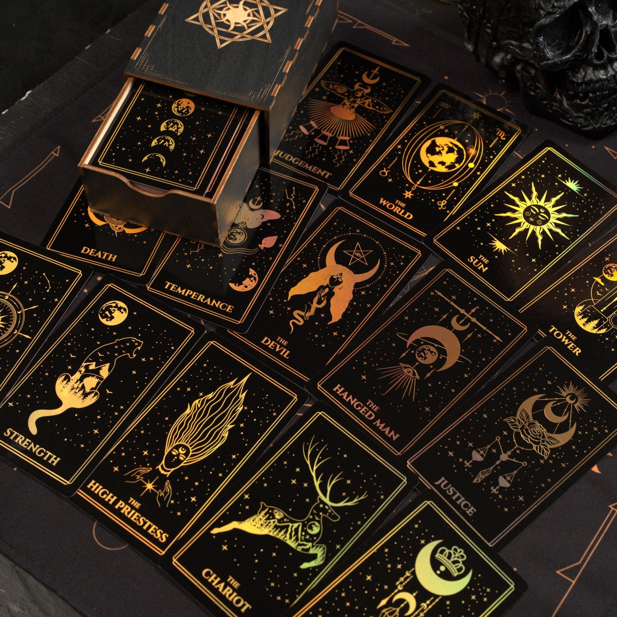 Moonlight Tarot Deck featuring Rainbow Gold Foil design, 78 cards, and a Black Gold Velvet Tarot Bag.