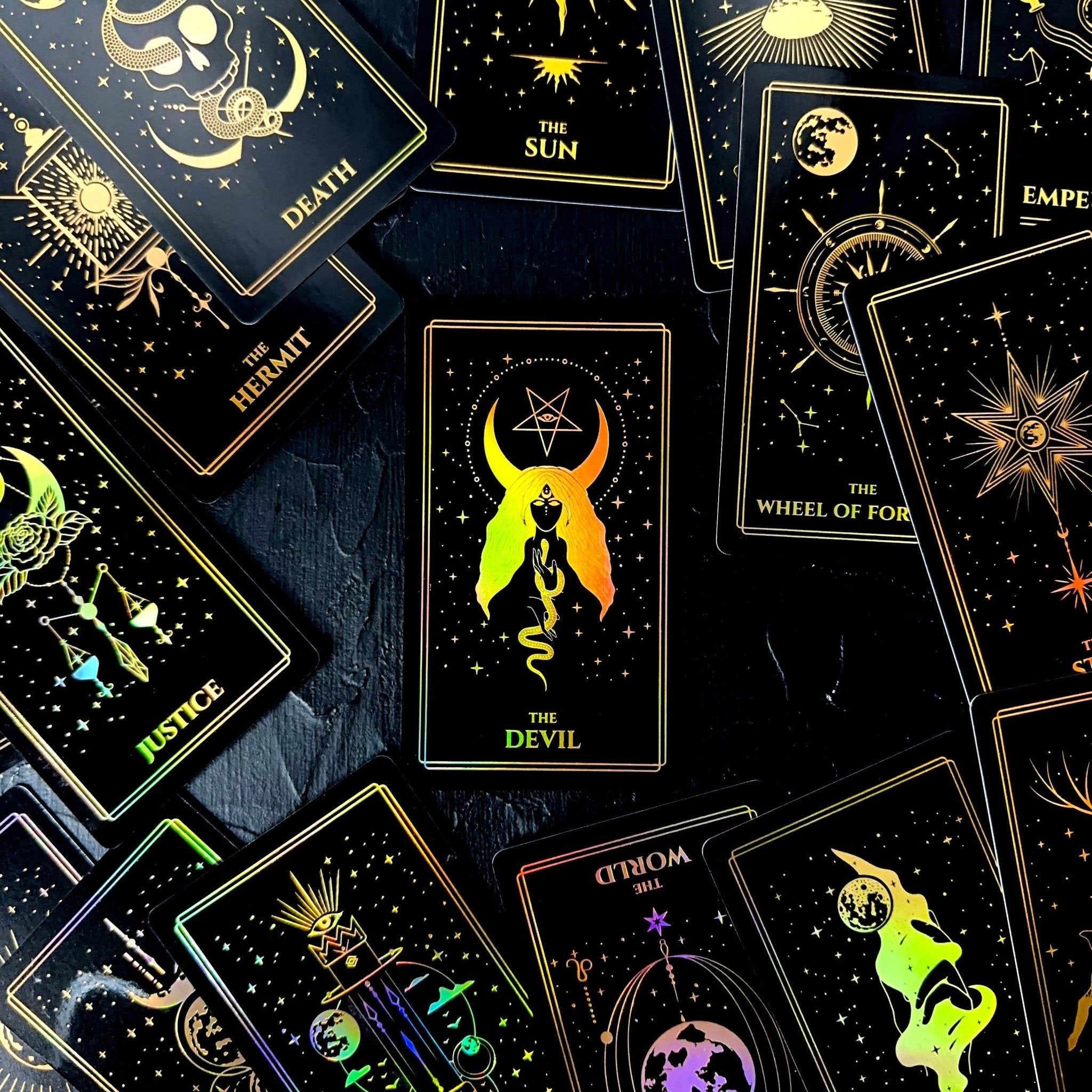 Moonlight Tarot Deck featuring Rainbow Gold Foil design, 78 cards, and a Black Gold Velvet Tarot Bag.