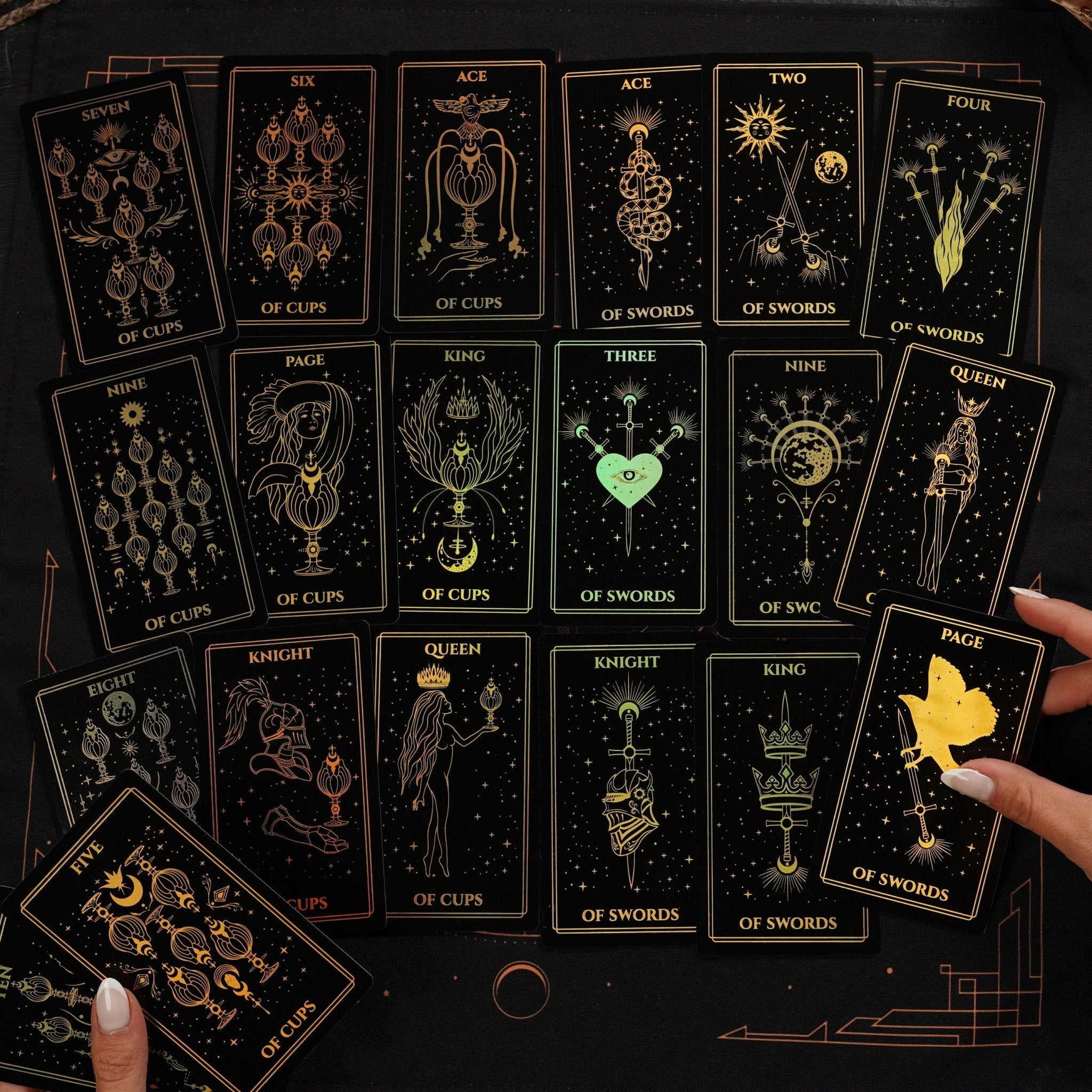 Moonlight Tarot Deck featuring Rainbow Gold Foil design, 78 cards, and a Black Gold Velvet Tarot Bag.