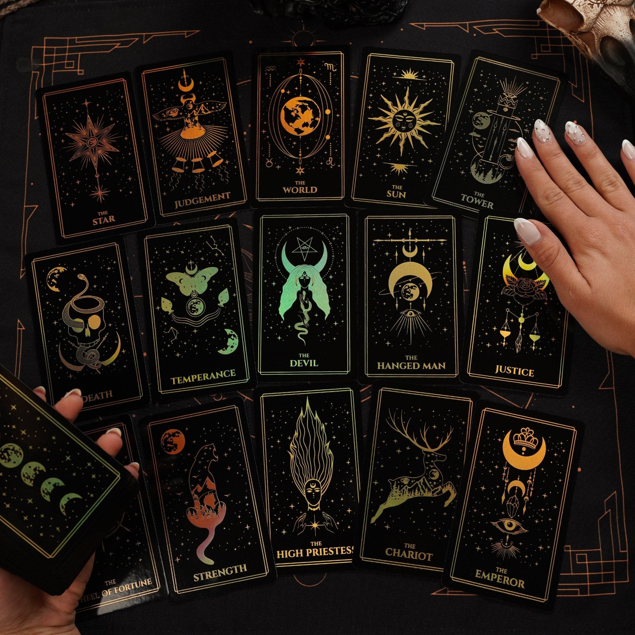 Moonlight Tarot Deck featuring Rainbow Gold Foil design, 78 cards, and a Black Gold Velvet Tarot Bag.