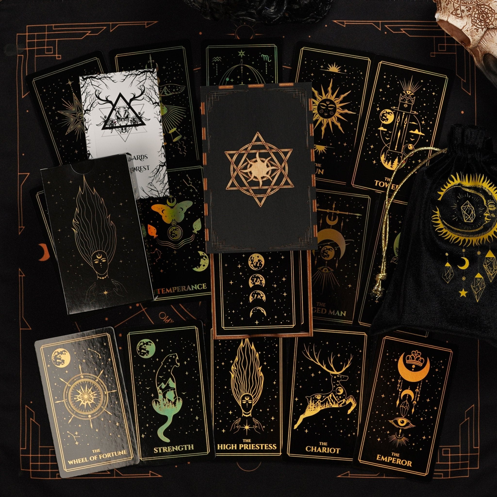 Moonlight Tarot Deck featuring Rainbow Gold Foil design, 78 cards, and a Black Gold Velvet Tarot Bag.