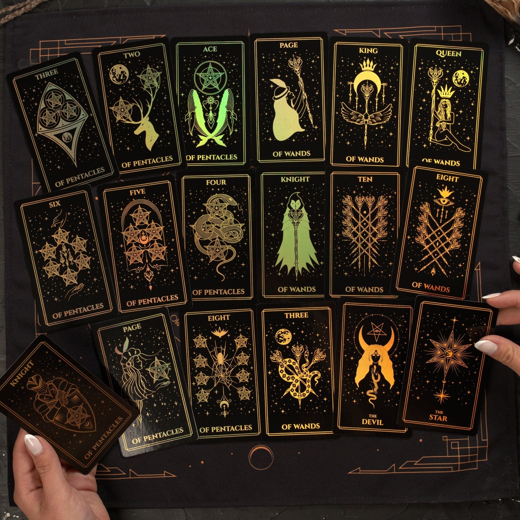 Moonlight Tarot Deck featuring Rainbow Gold Foil design, 78 cards, and a Black Gold Velvet Tarot Bag.