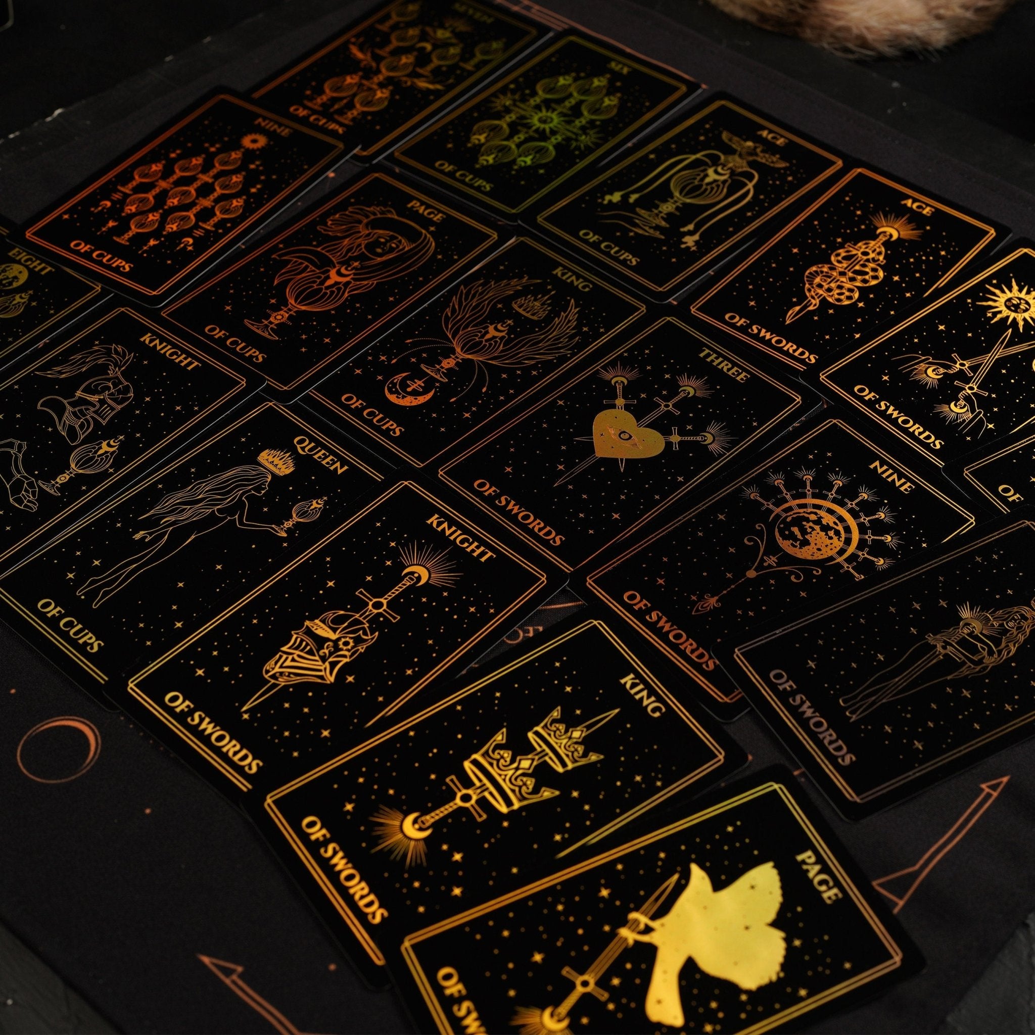 Moonlight Tarot Deck featuring Rainbow Gold Foil design, 78 cards, and a Black Gold Velvet Tarot Bag.