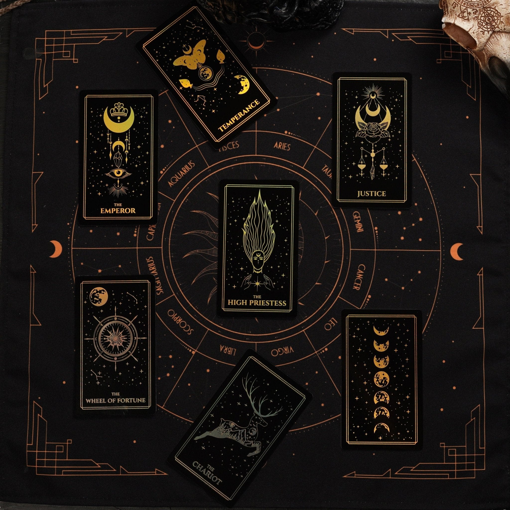 Moonlight Tarot Deck featuring Rainbow Gold Foil design, 78 cards, and a Black Gold Velvet Tarot Bag.