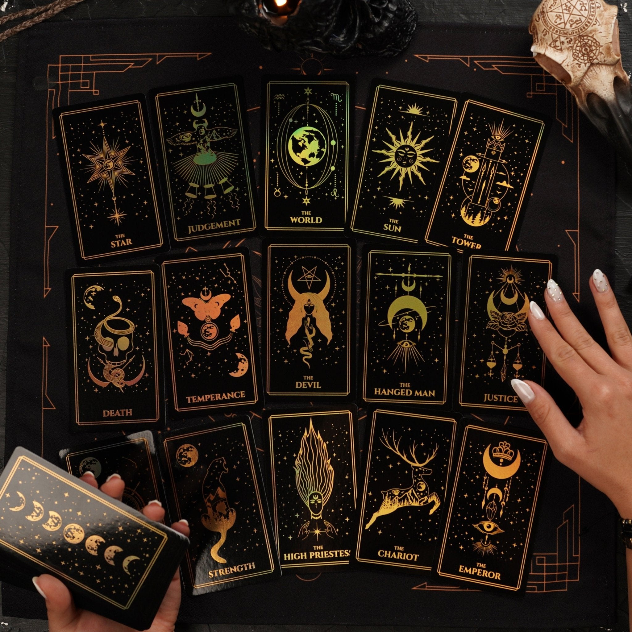 Moonlight Tarot Deck featuring Rainbow Gold Foil design, 78 cards, and a Black Gold Velvet Tarot Bag.