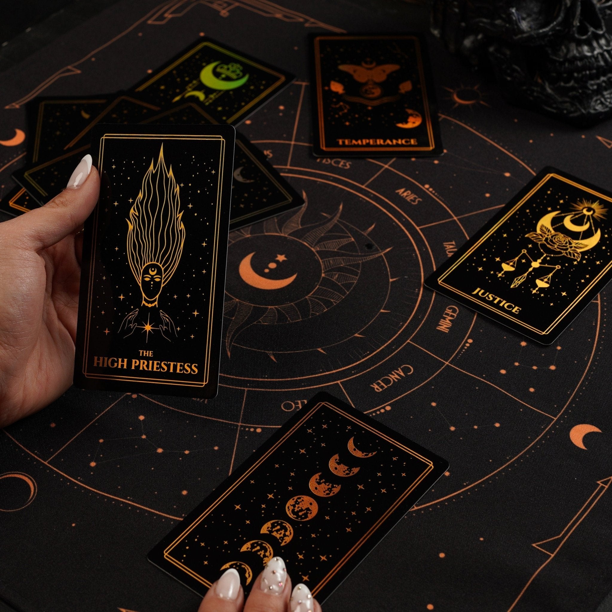 Moonlight Tarot Deck featuring Rainbow Gold Foil design, 78 cards, and a Black Gold Velvet Tarot Bag.