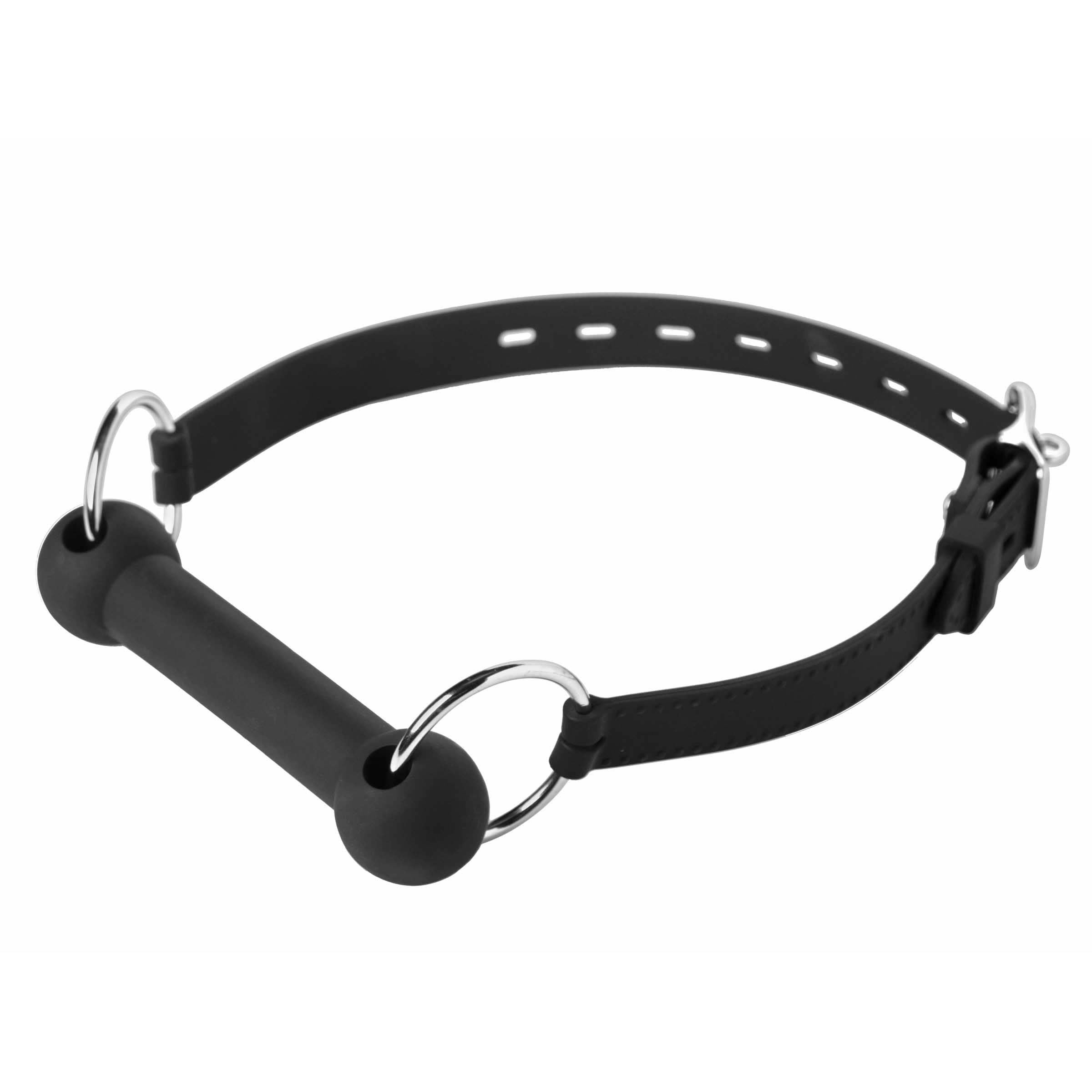 Mr. Ed Lockable Silicone Horse Bit Gag in black, featuring flexible silicone material and adjustable straps for comfort and security.