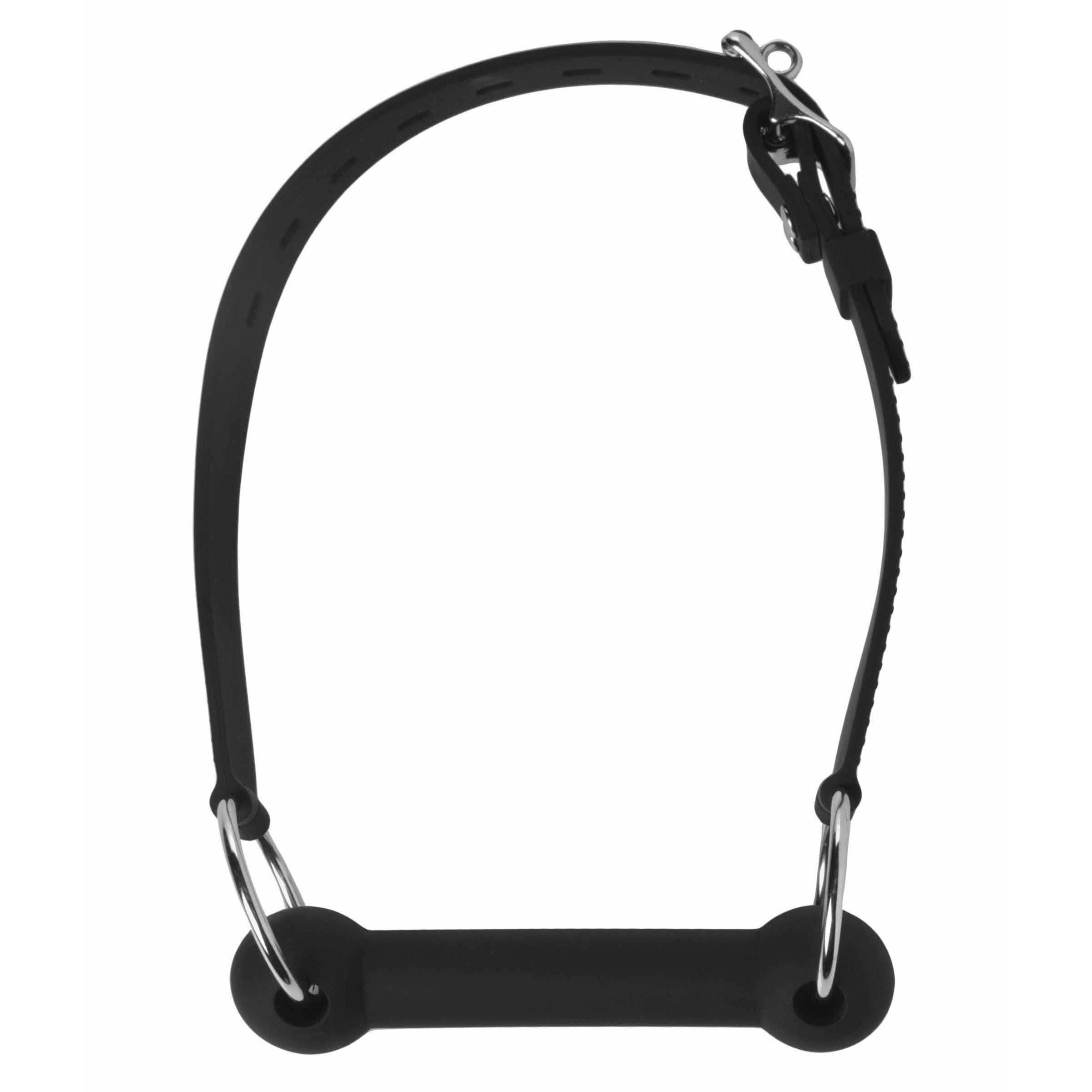 Mr. Ed Lockable Silicone Horse Bit Gag in black, featuring flexible silicone material and adjustable straps for comfort and security.