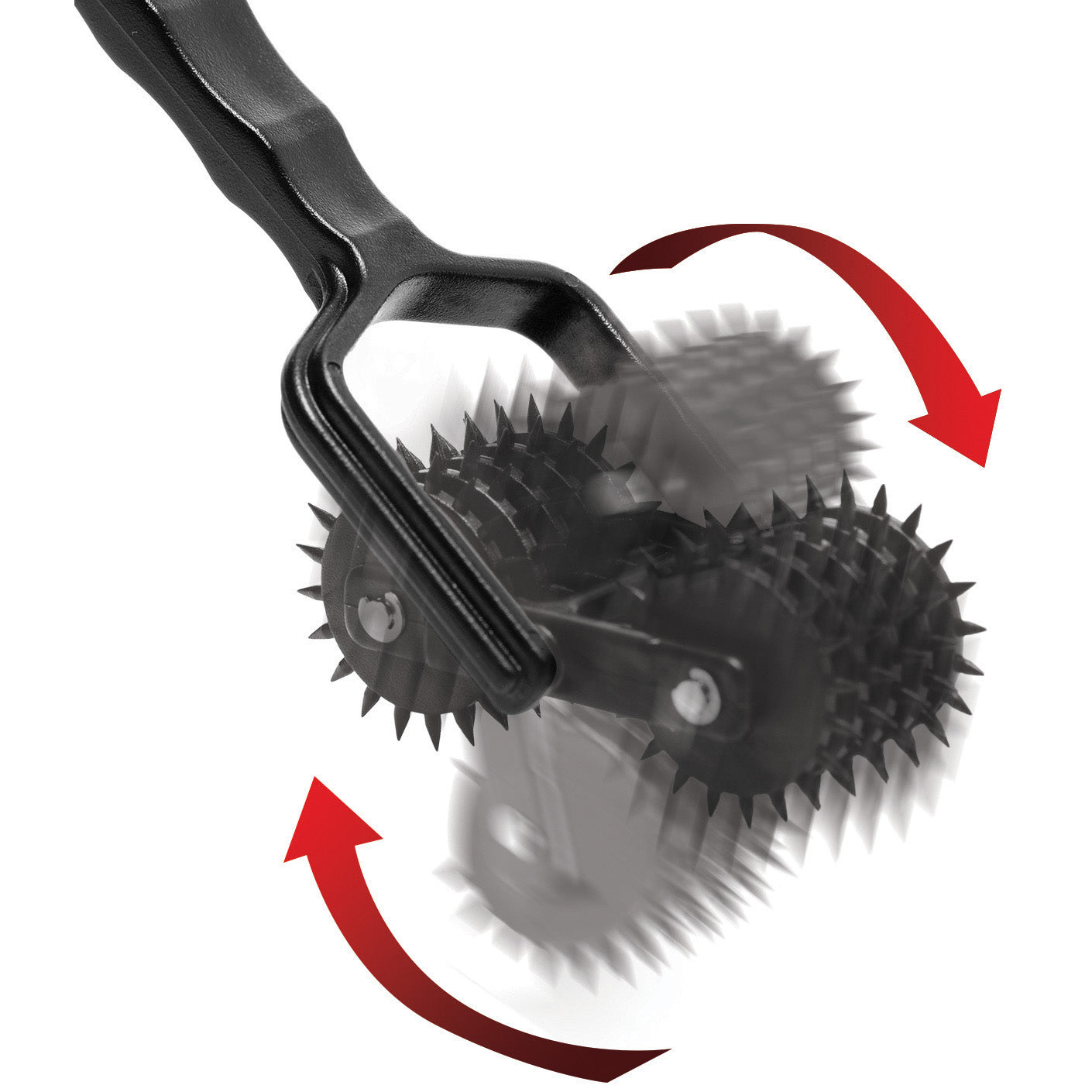 MS Transfix 10 Reel Dual Pinwheel with 10 rows of sensation spikes, designed for BDSM play, featuring a comfortable grip handle.