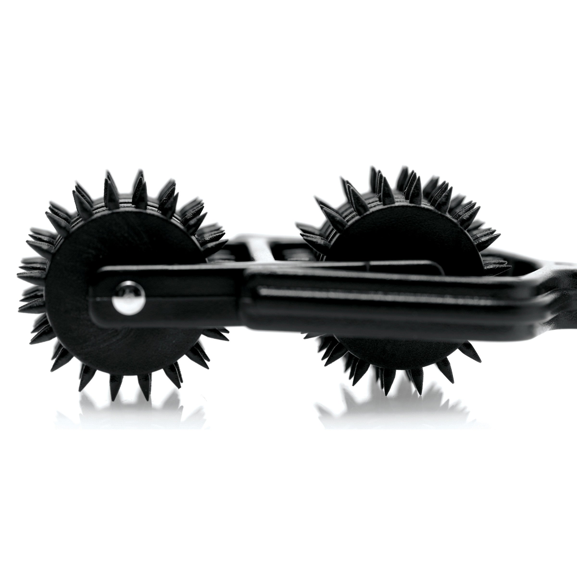 MS Transfix 10 Reel Dual Pinwheel with 10 rows of sensation spikes, designed for BDSM play, featuring a comfortable grip handle.